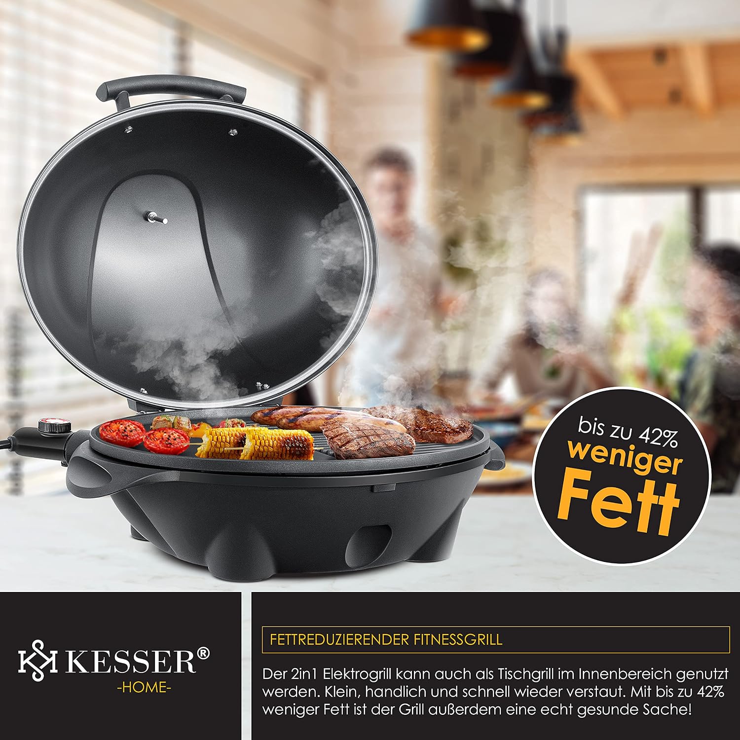 Detalle de KESSER® Elektrogrill 2in1 Tisch- & Standgrill mit Deckel (2.400 W), XXL Antihaft-Grillplatte