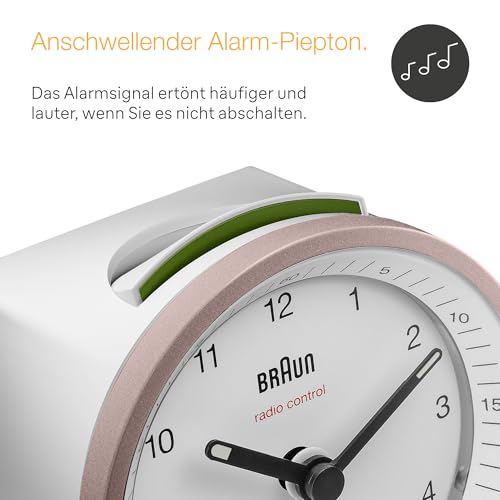 Detalle de Braun BC07PW-DCF: Klassischer analoger Funkwecker mit MEZ/GMT+1 Zeitzone, Schlummerfunktion und Beleuchtung