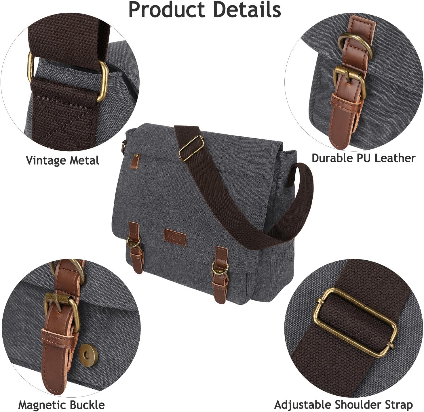 Detalle de S-ZONE Homme sac à bandoulière 15,6 pouces en toile vintage : grand sac messager pour ordinateur portable