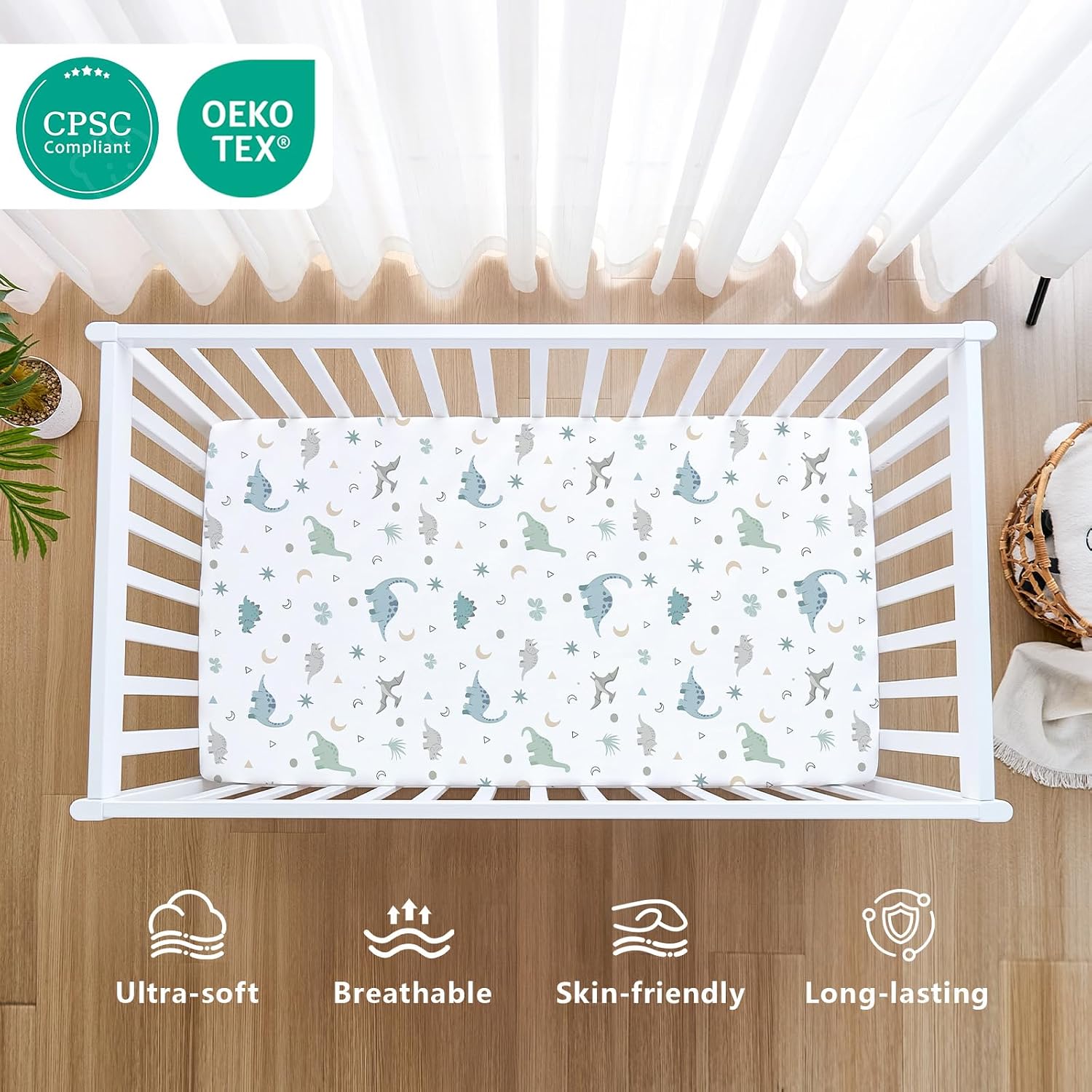 Detalle 2 de NacoMoco 4-Pack Crib Sheets, 52 x 28 x 8-Inch Polyester, Teal Dinosaur