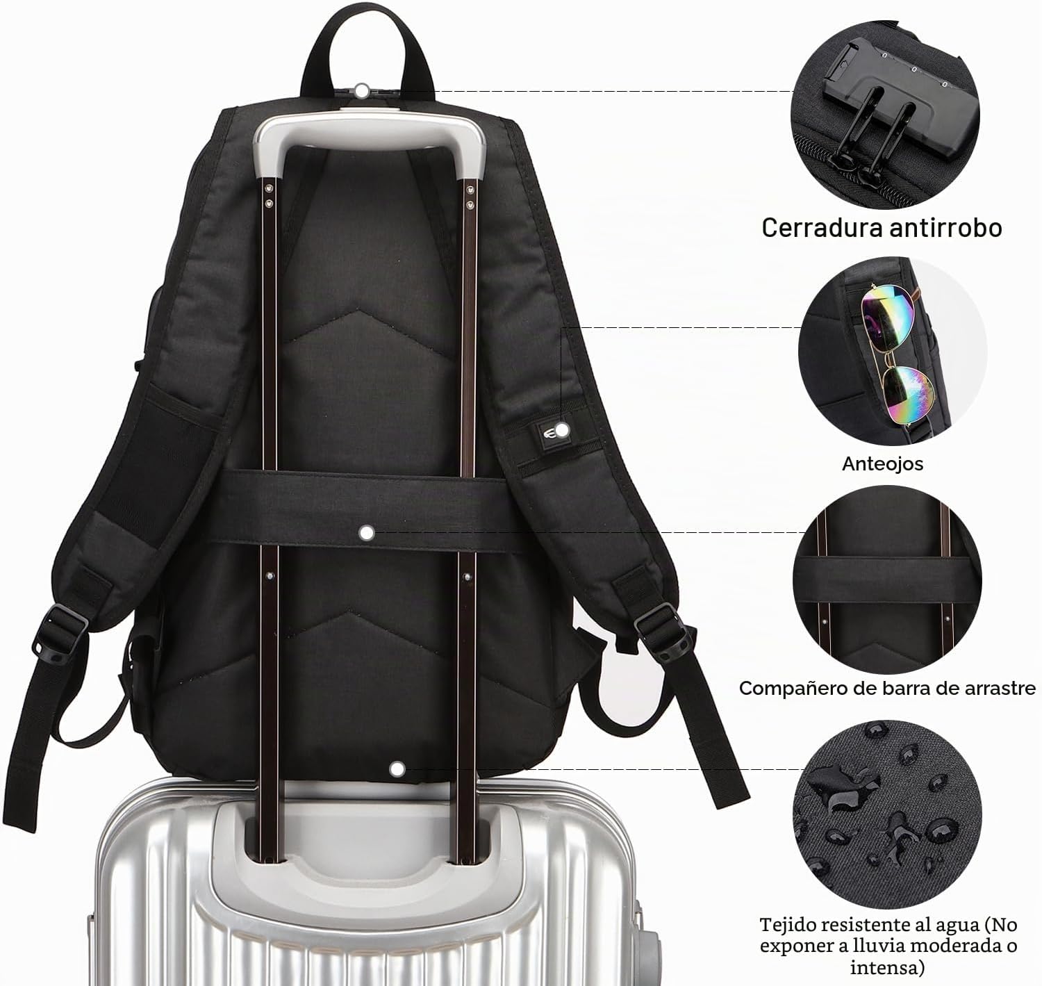 Thumbnail 4 de WENIG Mochila antirrobo impermeable para portátil de 15,6" con puerto USB y cierre con candado (negra)