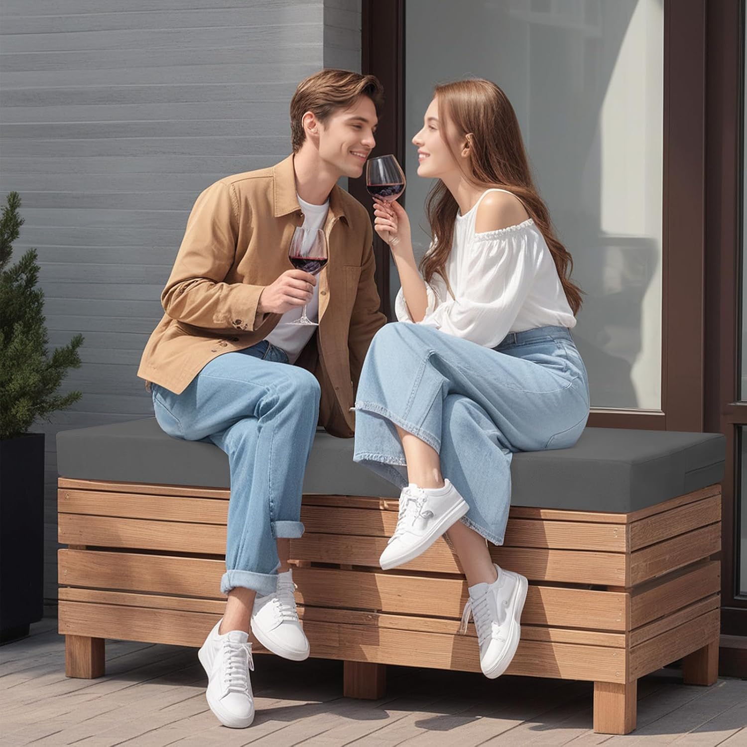 Thumbnail 6 de PRIMEPATIO 8cm memory foam outdoor garden bench cushion (dark grey) with waterproof cover and ties