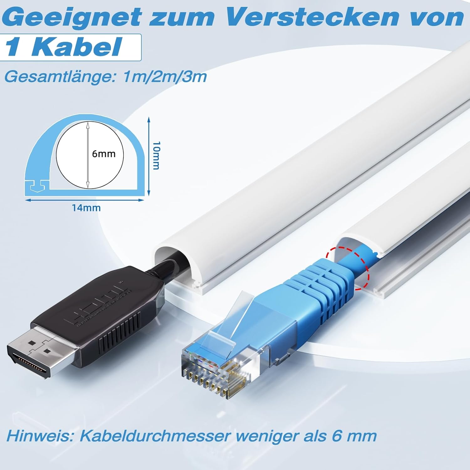 Detalle de 1m Kabelkanal Weiß Selbstklebend – Mini, flexibel, Halbrund & wasserfest