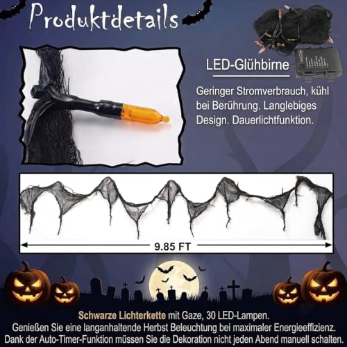 Detalle de Afaiup Guirnalda de Halloween de 3 m con gasa negra, 30 LED y 8 modos