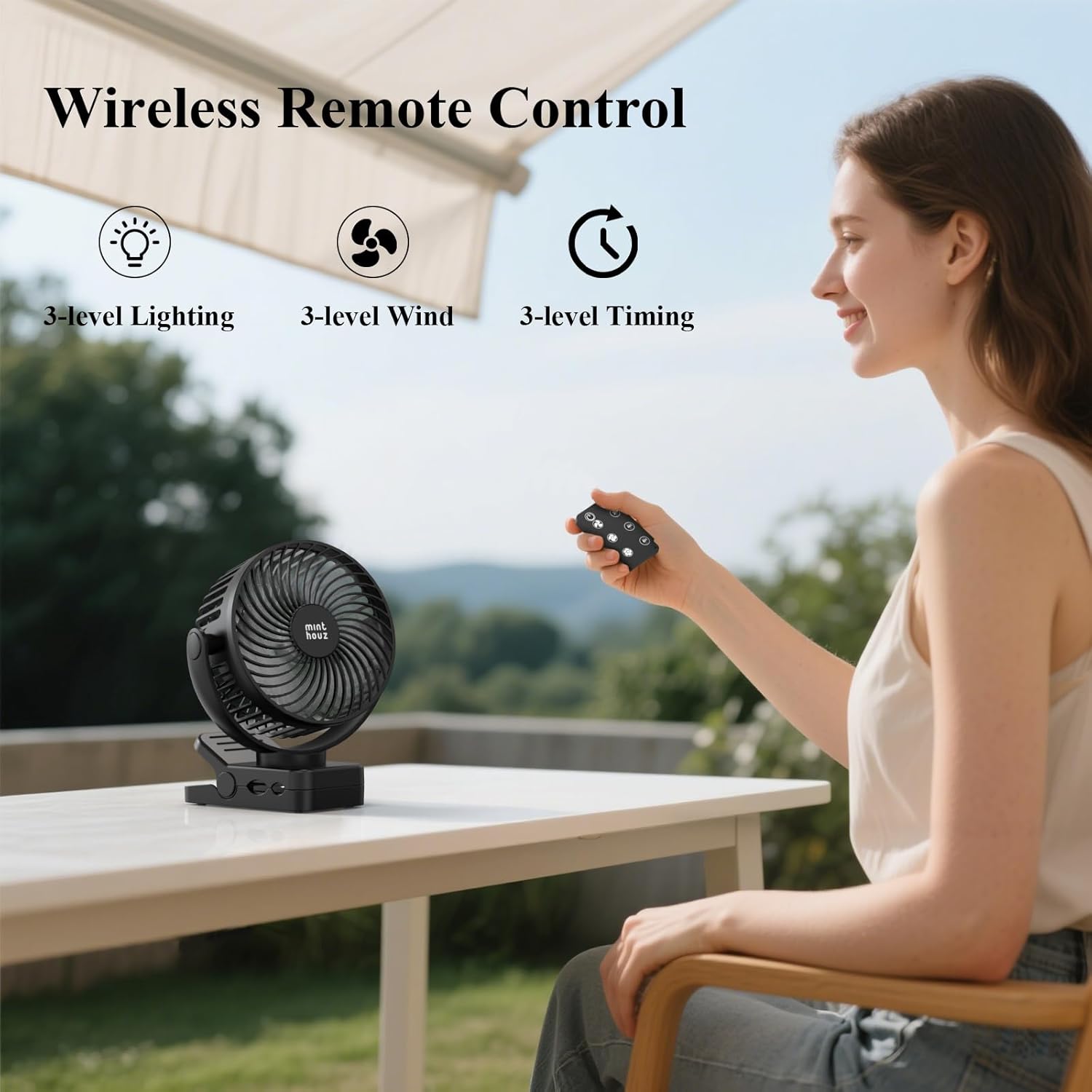 Thumbnail 5 de Minthouz 12000mAh Portable USB Fan (Rechargeable Clip On, Remote, 3 Speeds & Lights, Timer, 360° Rotation) – Black