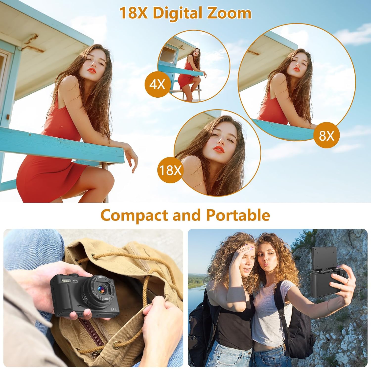 Detalle de Digitalkamera 4K mit WLAN, 64 MP und 18x Digitalzoom – idealer Einstieg für Reise-Vlogs