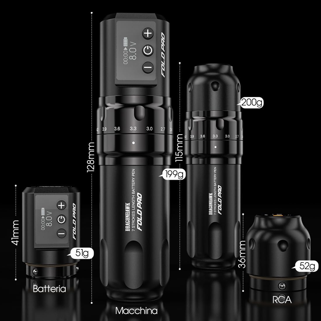 Thumbnail 6 de Dragonhawk Fold Pro macchinetta per tatuaggi senza fili con 7 corse regolabili (2,4–4,2 mm) e batteria 1500 mAh