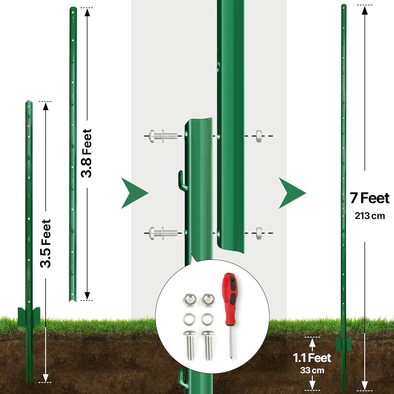Thumbnail 1 de Thealyn 7 ft (213 cm) U fence posts, pack of 10 – galvanised steel for 5 ft wire fence mesh
