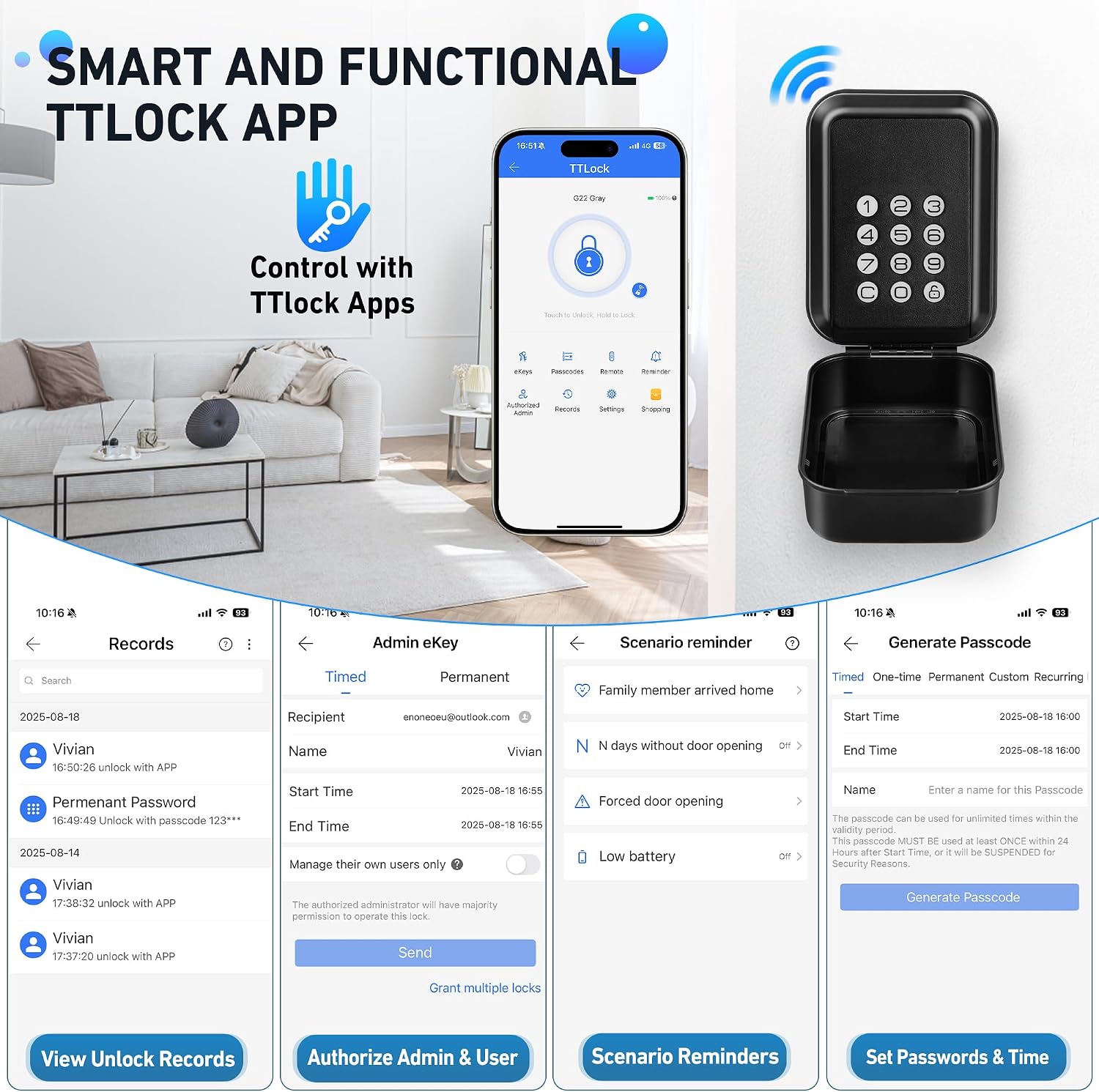 Detalle de ENONEO TTlock Smart Lock Box: slimme sleutelkluis voor buiten, IP65 en Bluetooth