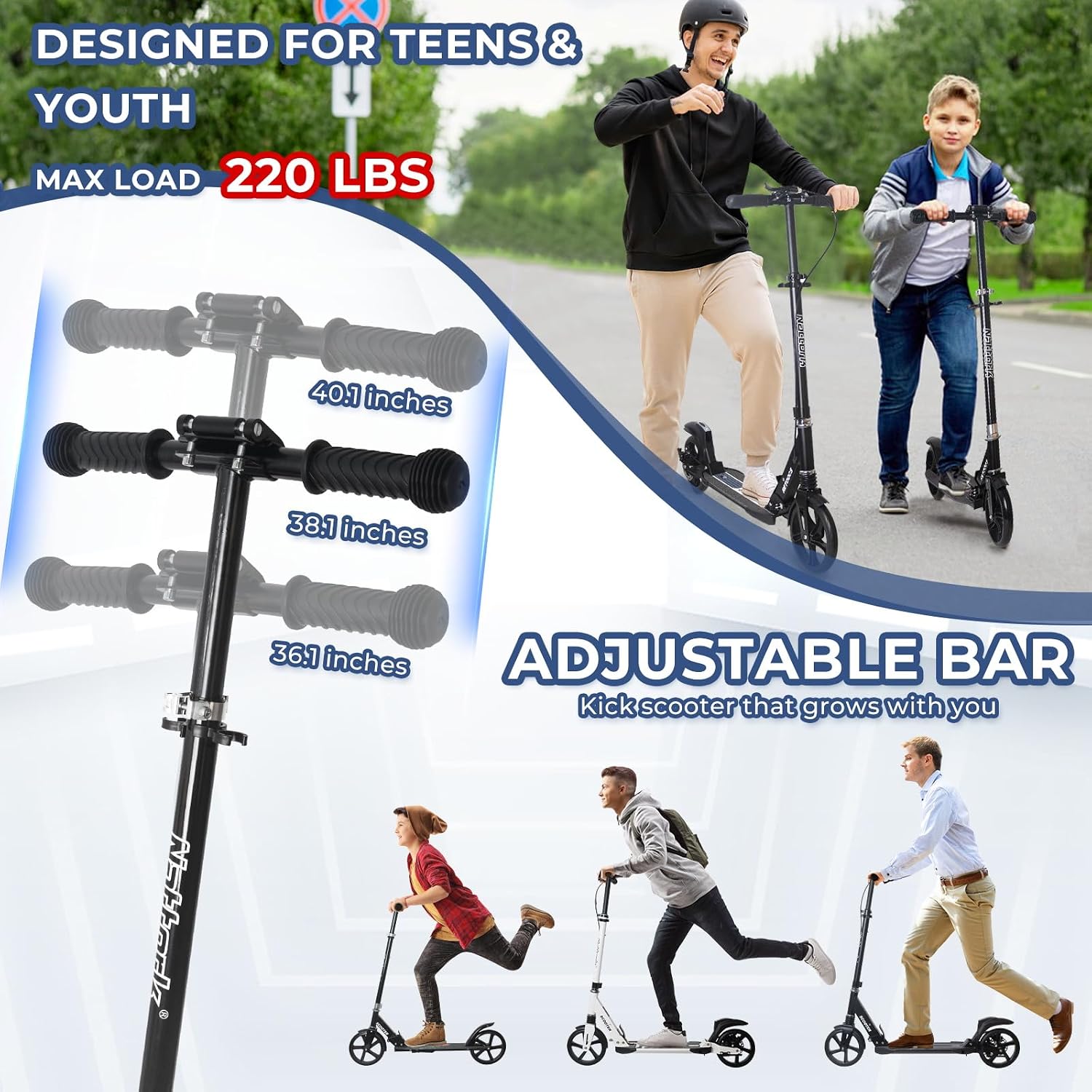 Detalle de Nattork Kids & Teen Kick Scooter (6+), Foldable 8-Inch Wheels, Adjustable Handlebar — Up to 220 lb