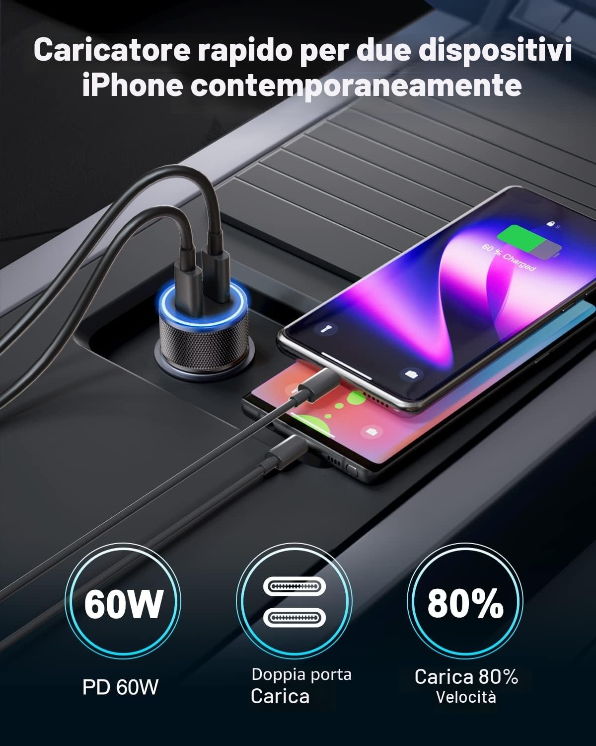 Thumbnail 4 de Caricatore Auto 60W 2 Porte USB-C