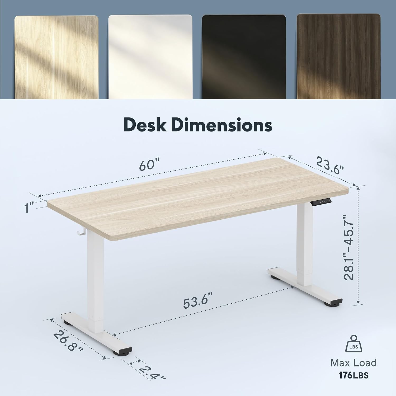 Detalle de FLEXISPOT 60" x 24" Electric Standing Desk, White Wood Grain, One-Piece Top