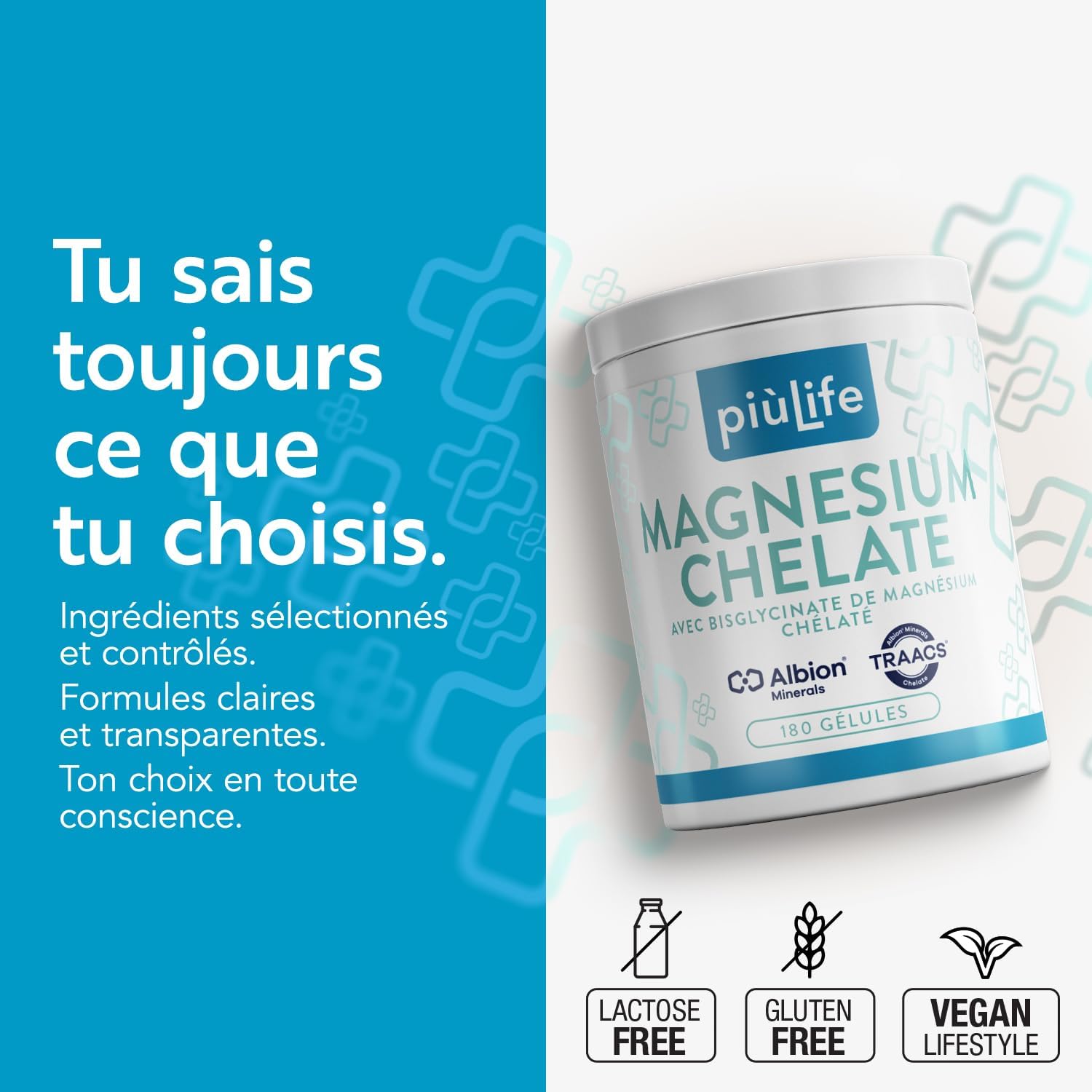 Thumbnail 3 de Magnesium Bisglycinate Chélaté PiùLife 337,5 mg avec vitamines B1, B5 et B6 – 180 gélules végétales