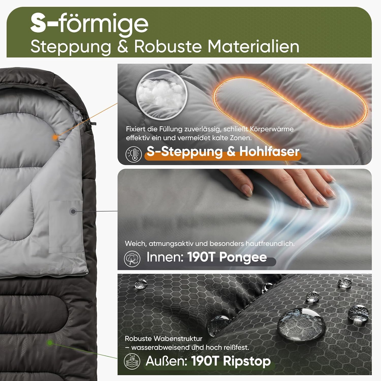 Detalle de Sekey Schlafsack 220 x 80 cm – 3-Jahreszeiten-Decke (2-in-1) mit Fußbelüftung