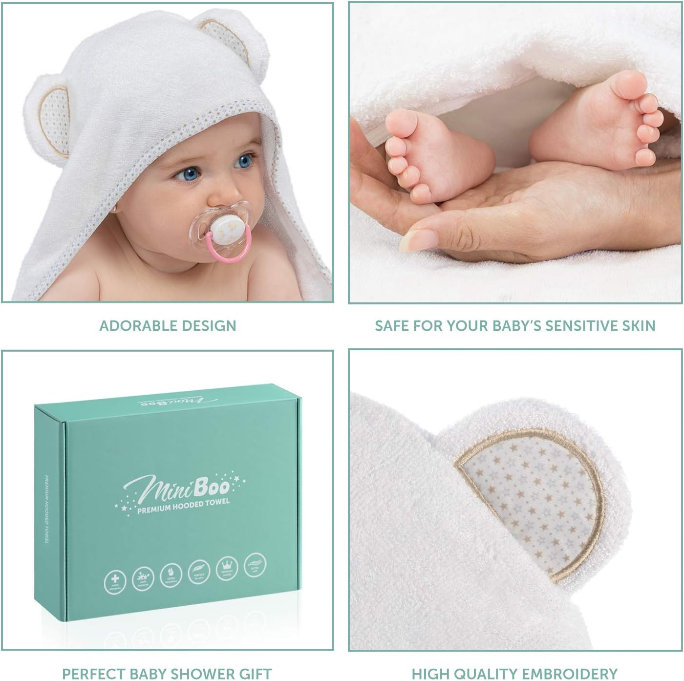 Detalle de MINIBOO Premium Bamboo Baby Towel with Hood (32 x 32 in) – Super soft, absorbent hooded towel for newborns