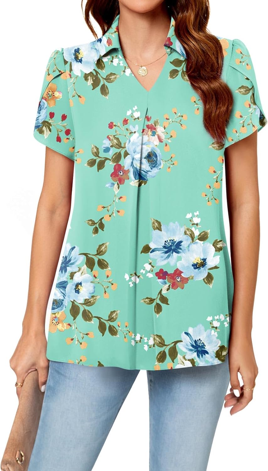 Detalle de Aodemo Women Summer Dressy Chiffon Collared V-Neck Pleated Short Sleeve Blouse