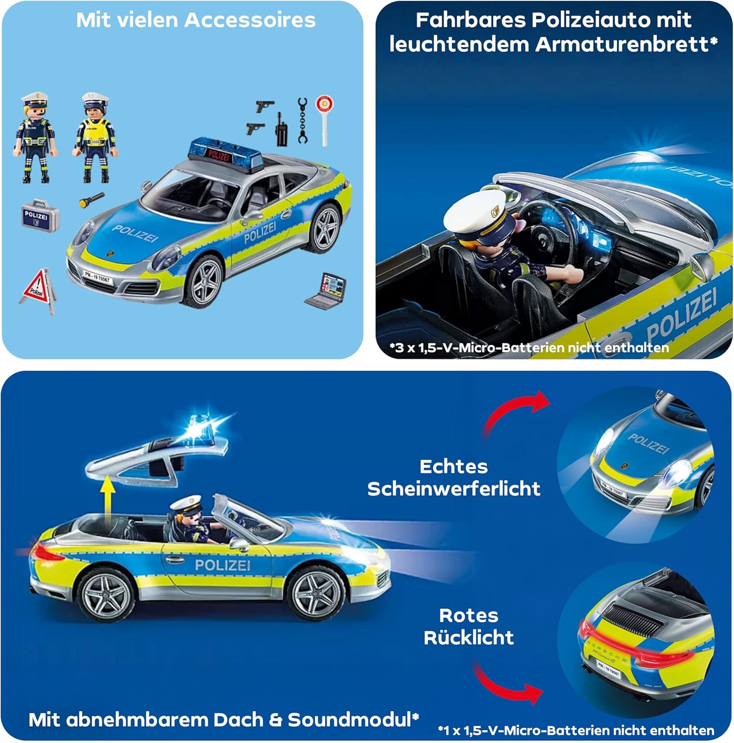 Detalle de PLAYMOBIL Cars Porsche 911 Carrera 4S Polizei mit Licht, Sound und Dach-Abnahme – 70067