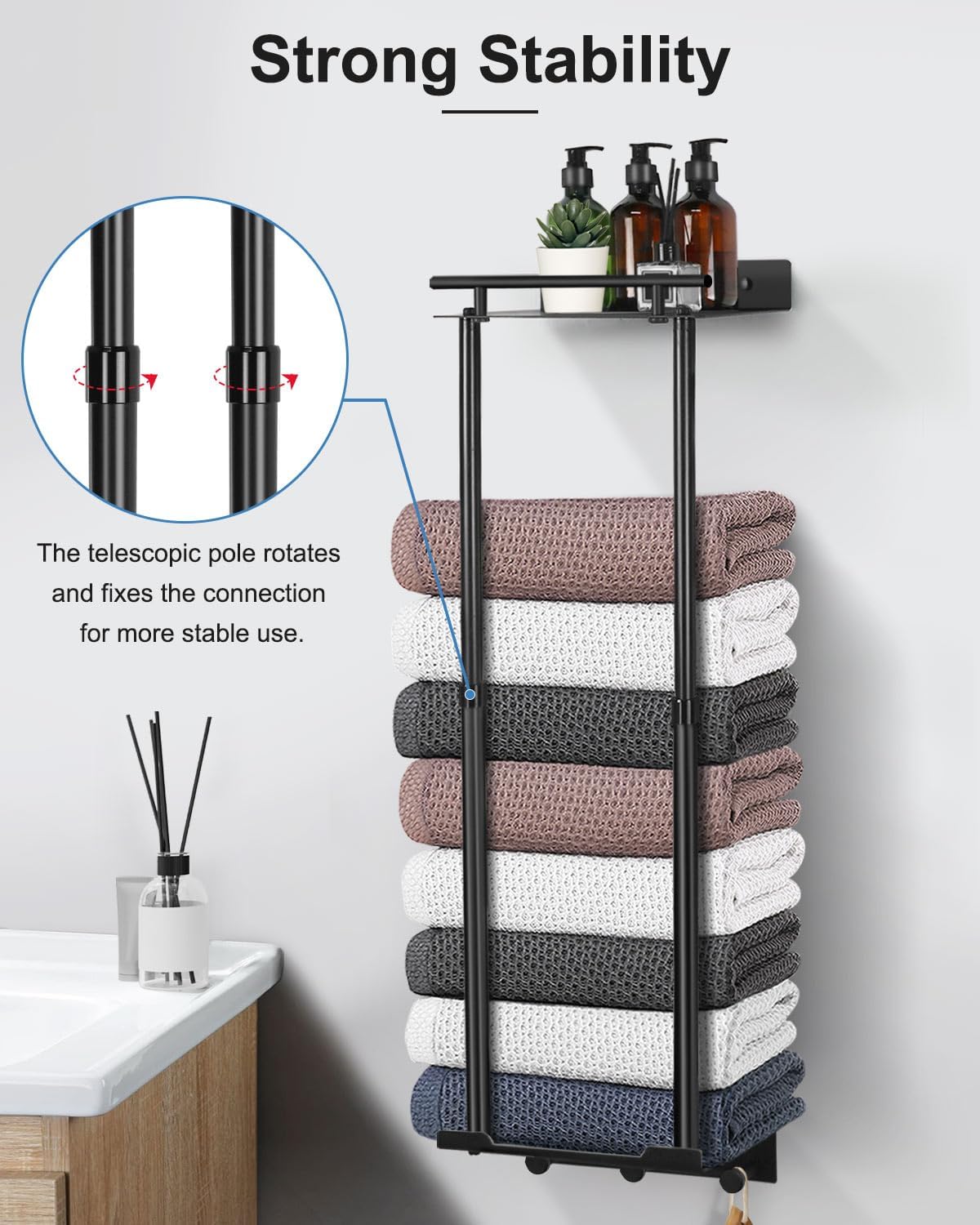 Detalle de LIVEHITOP UGA509 handdoekenrek met verstelbare stang, plank en 3 haken, zwart
