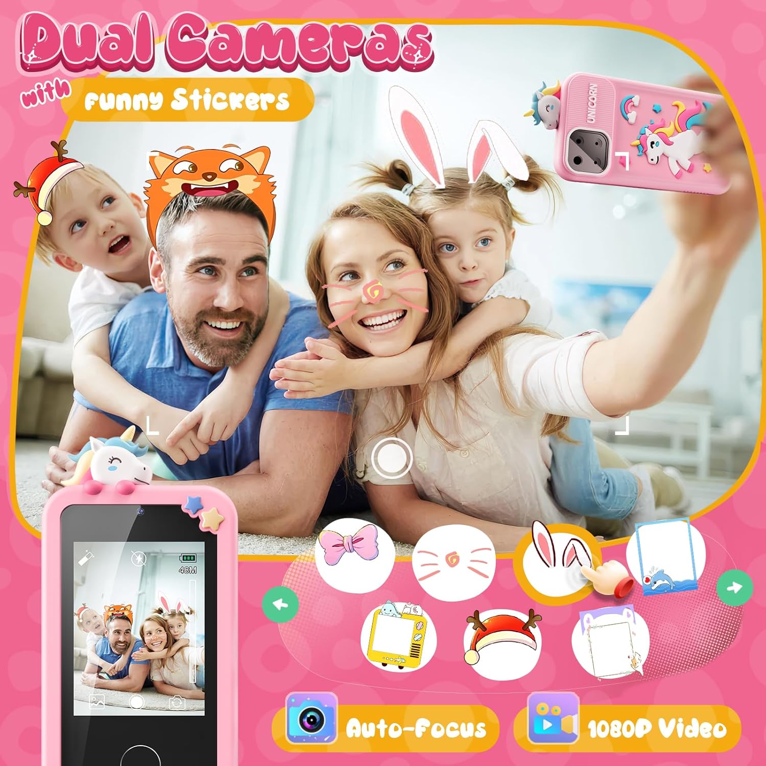 Thumbnail 2 de Luyiilo Kids Smart Phone Toy for Girls (Unicorn) with 2.8" Touchscreen, Dual Camera, 16 Learning Games