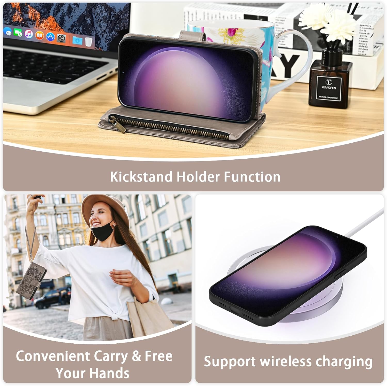 Thumbnail 5 de Asuwish Galaxy S23 5G Zipper Wallet Case with Screen Protector & Detachable Straps (Grey)