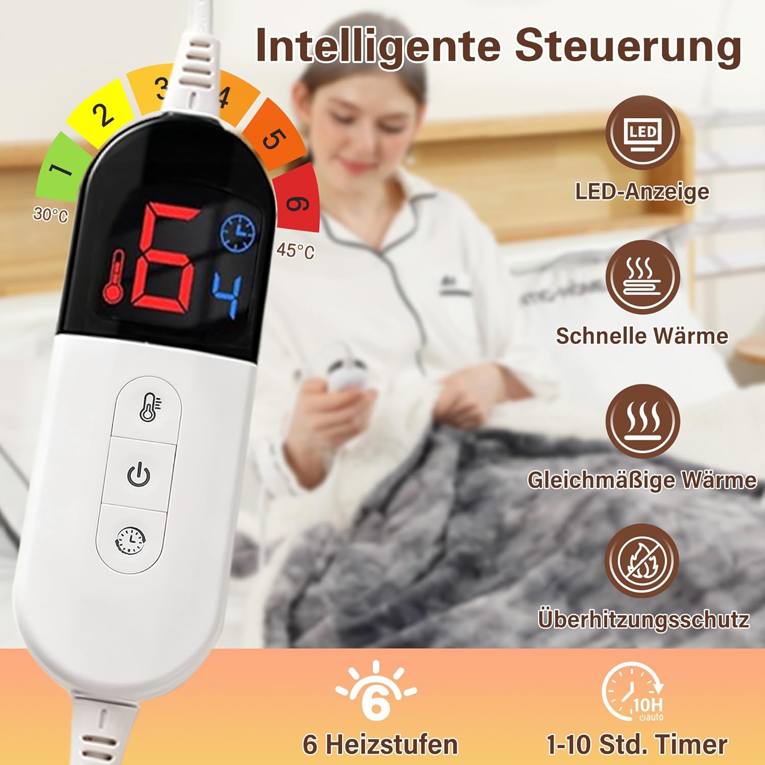 Thumbnail 2 de ESTINGO Plaid chauffant 180x130 cm double face gris-noir : 6 niveaux, minuterie 10 h et arrêt automatique