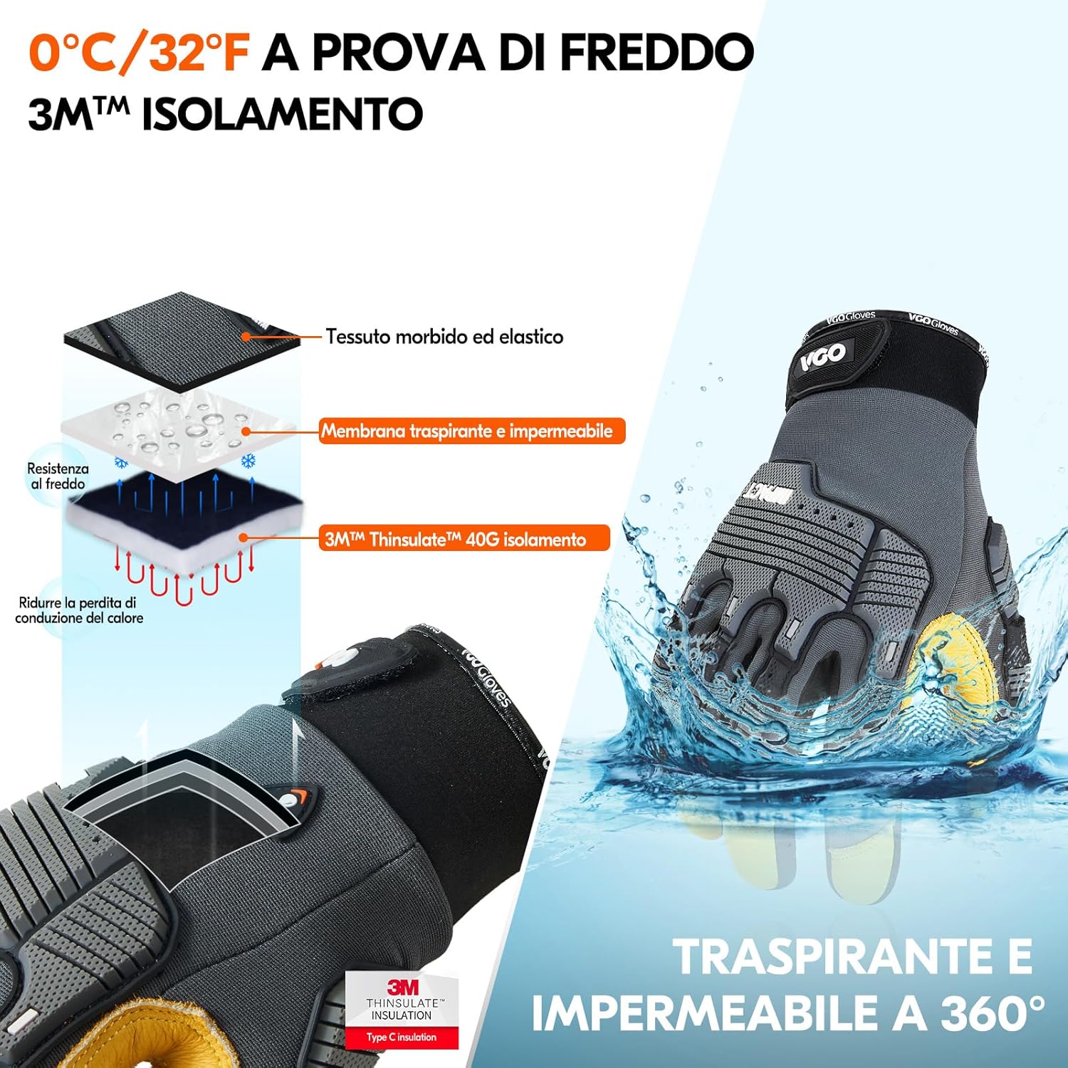 Thumbnail 1 de Guanto antinvernali da lavoro in pelle uomo 0°C/32°F con protezione antiurto e antivibrazione CA7725FLWP