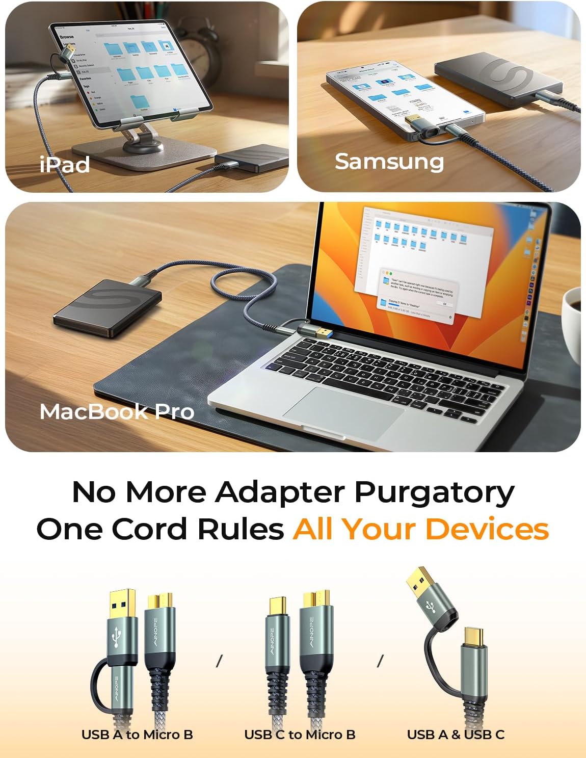 Thumbnail 6 de AINOPE 10Gbps Micro B to USB C Cable (1.5ft) – Nylon Braided External Hard Drive Cable