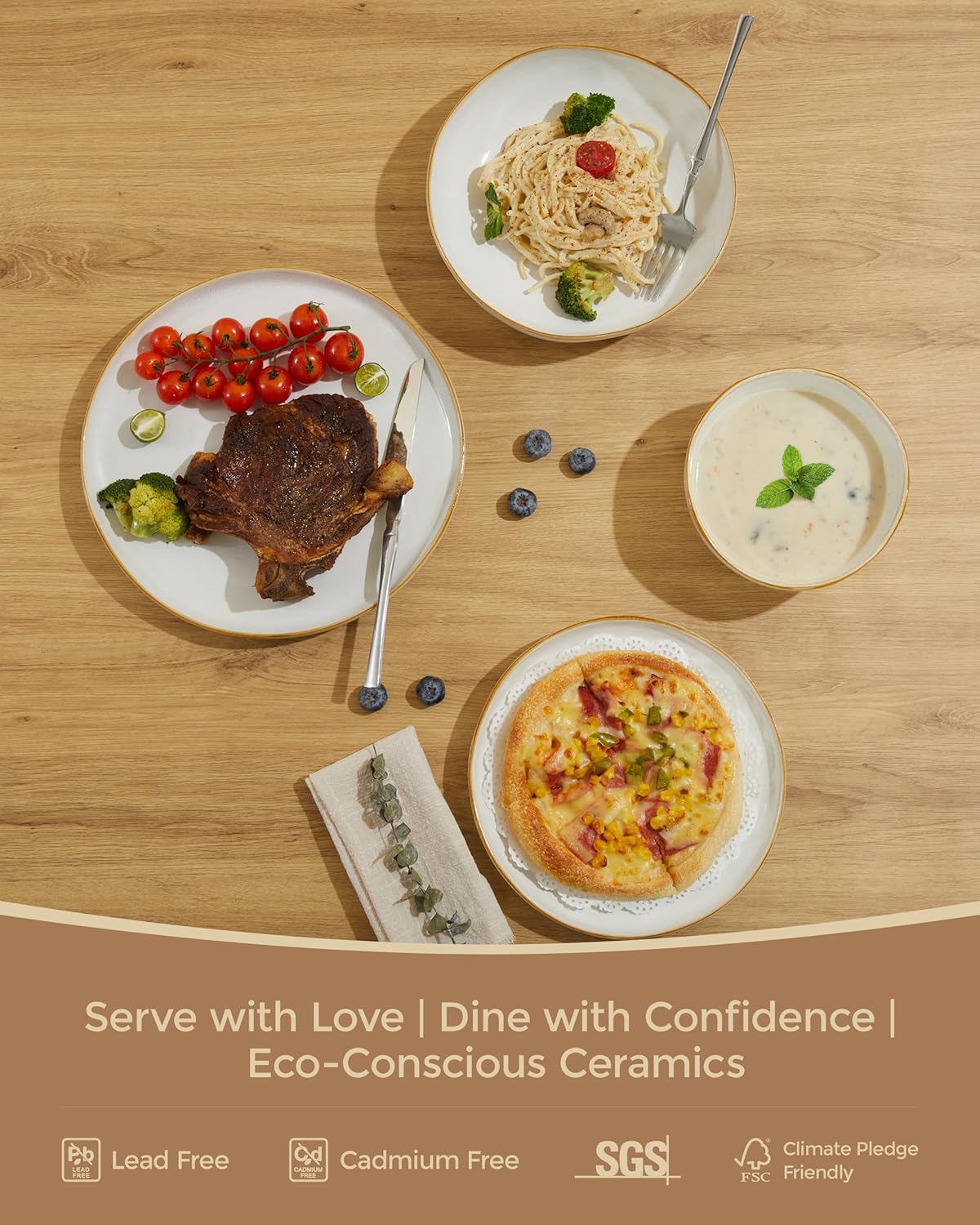 Detalle de Pokini 24-Piece Dinnerware Set for 6 with Pasta Bowls — Complete White Stoneware, Stackable & Glossy