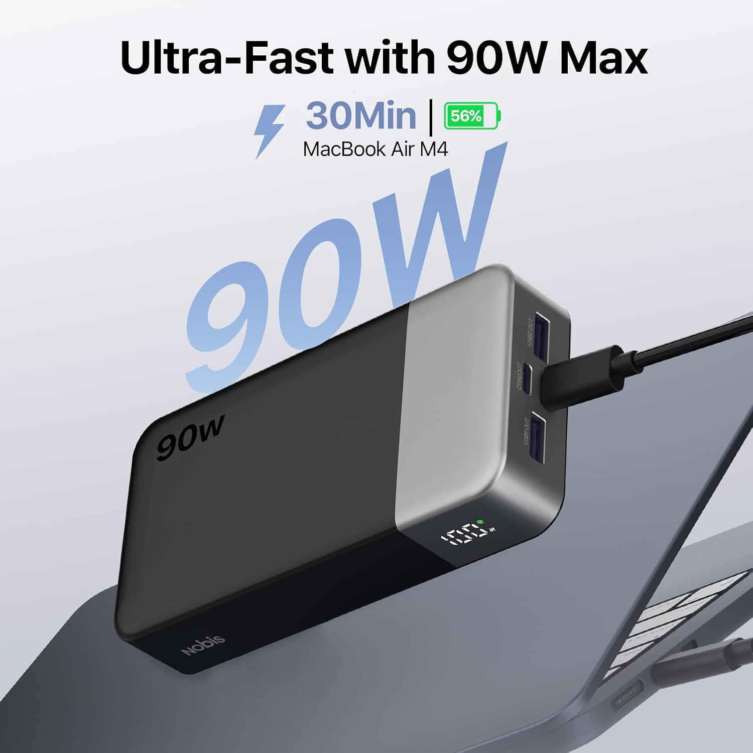 Detalle 2 de NOBIS 90W Power Bank 20000mAh: ricarica rapida per notebook, tablet e smartphone con 4 porte e display
