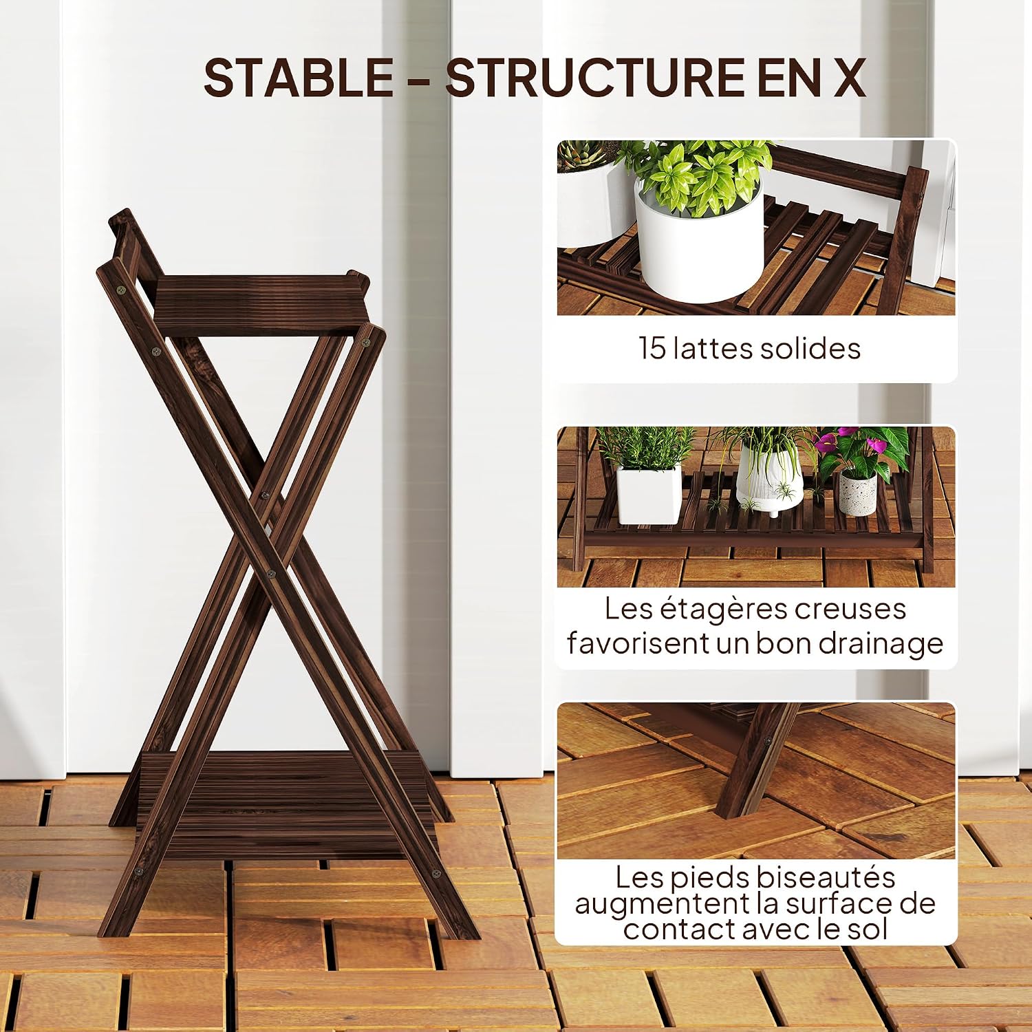 Detalle 2 de Outsunny 84H-186V00TN plantenstandaardset met 2 niveaus, bruin hout
