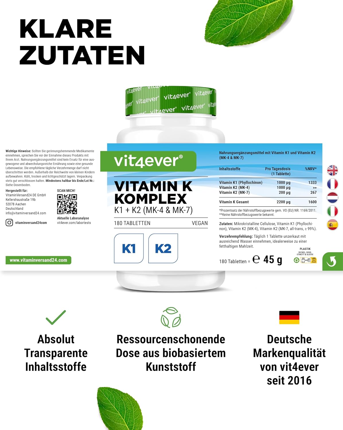 Detalle 1 de Vitamin K Komplex 180 Tabletten von Vit4ever