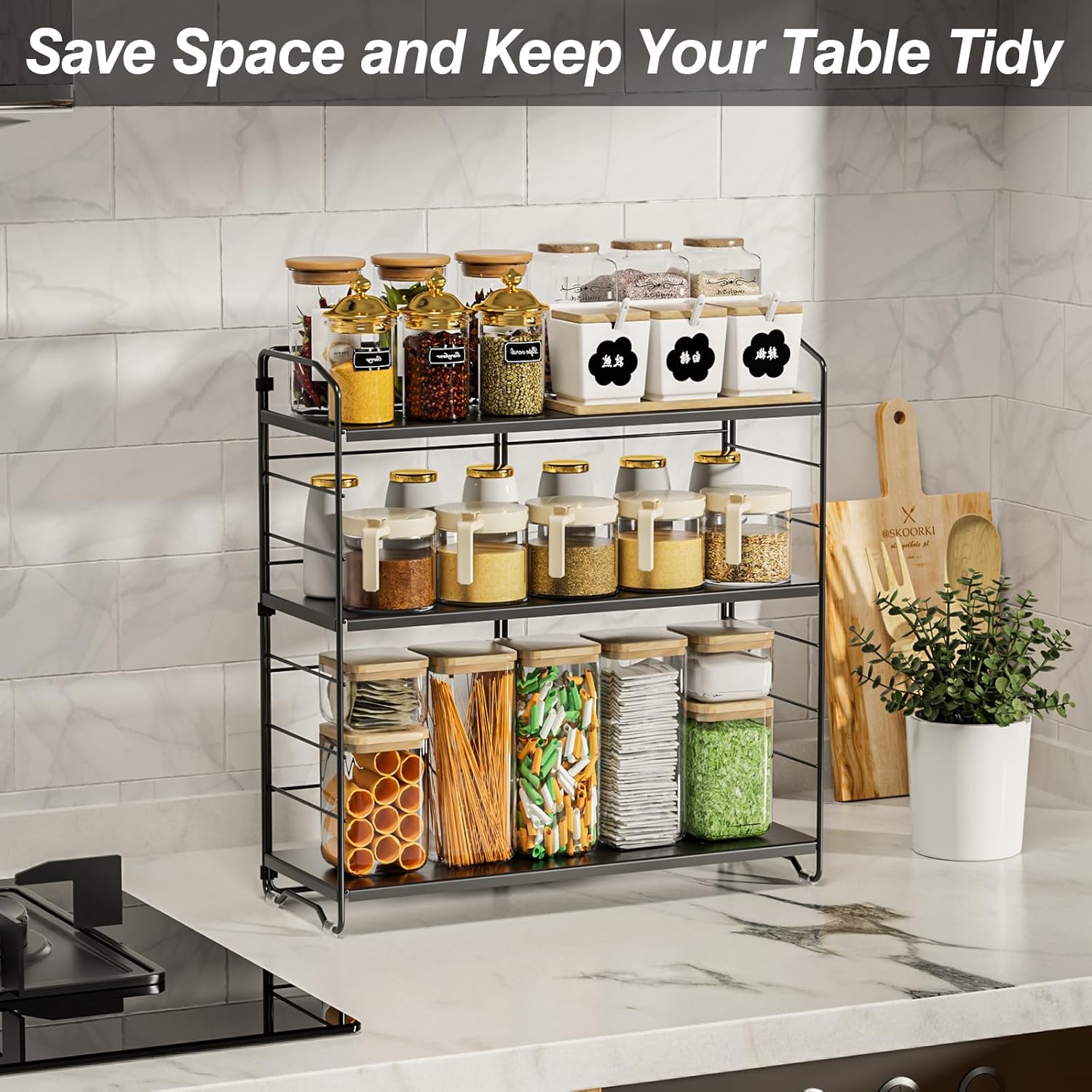 Thumbnail 1 de AHOMSEL 3-Tier Adjustable Height Spice Rack (L40 x W15 x H42cm) – multi-purpose countertop organiser