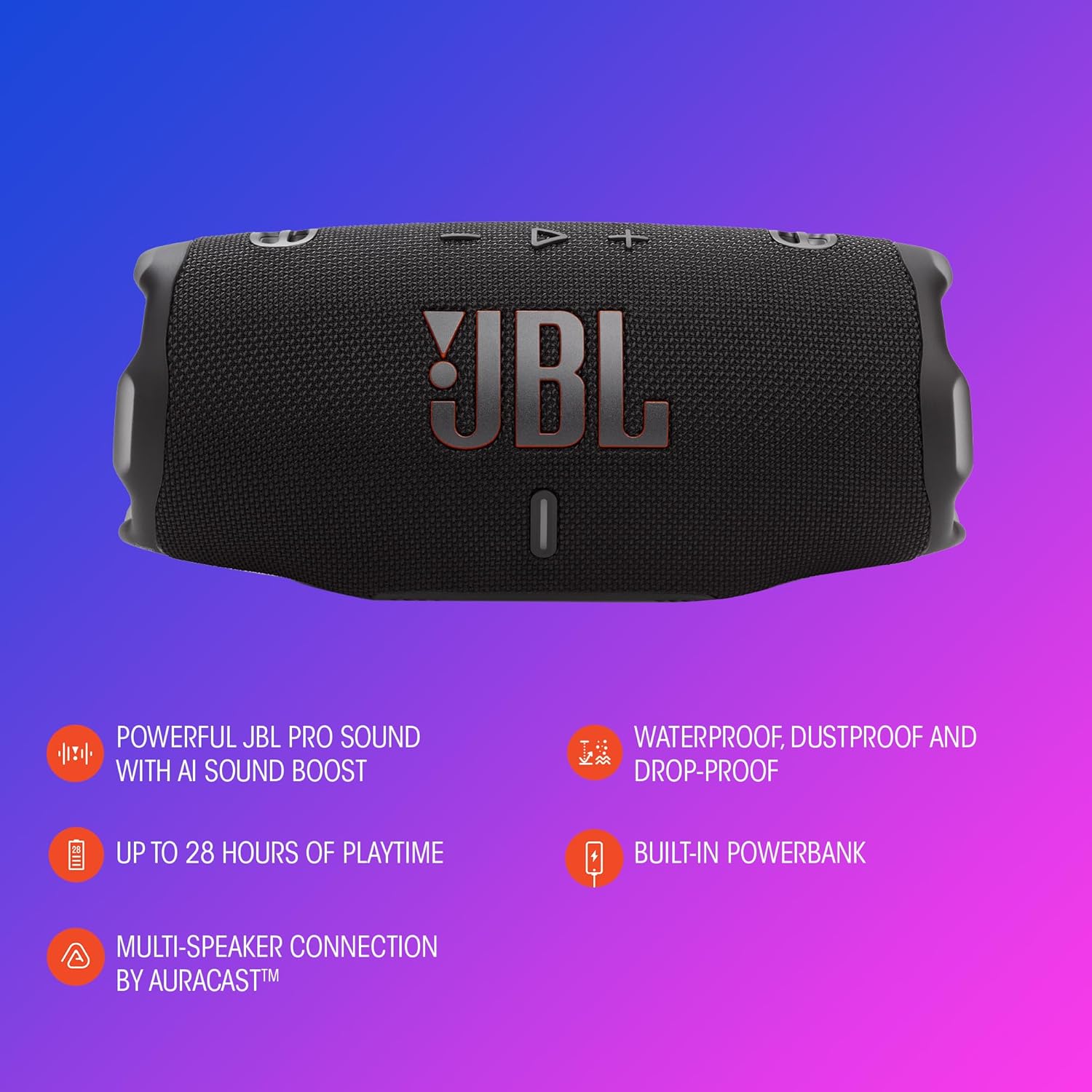 Detalle de JBL Charge 6: Portable Bluetooth Speaker with IP68 Durability, 28H Playtime and Built-in Powerbank