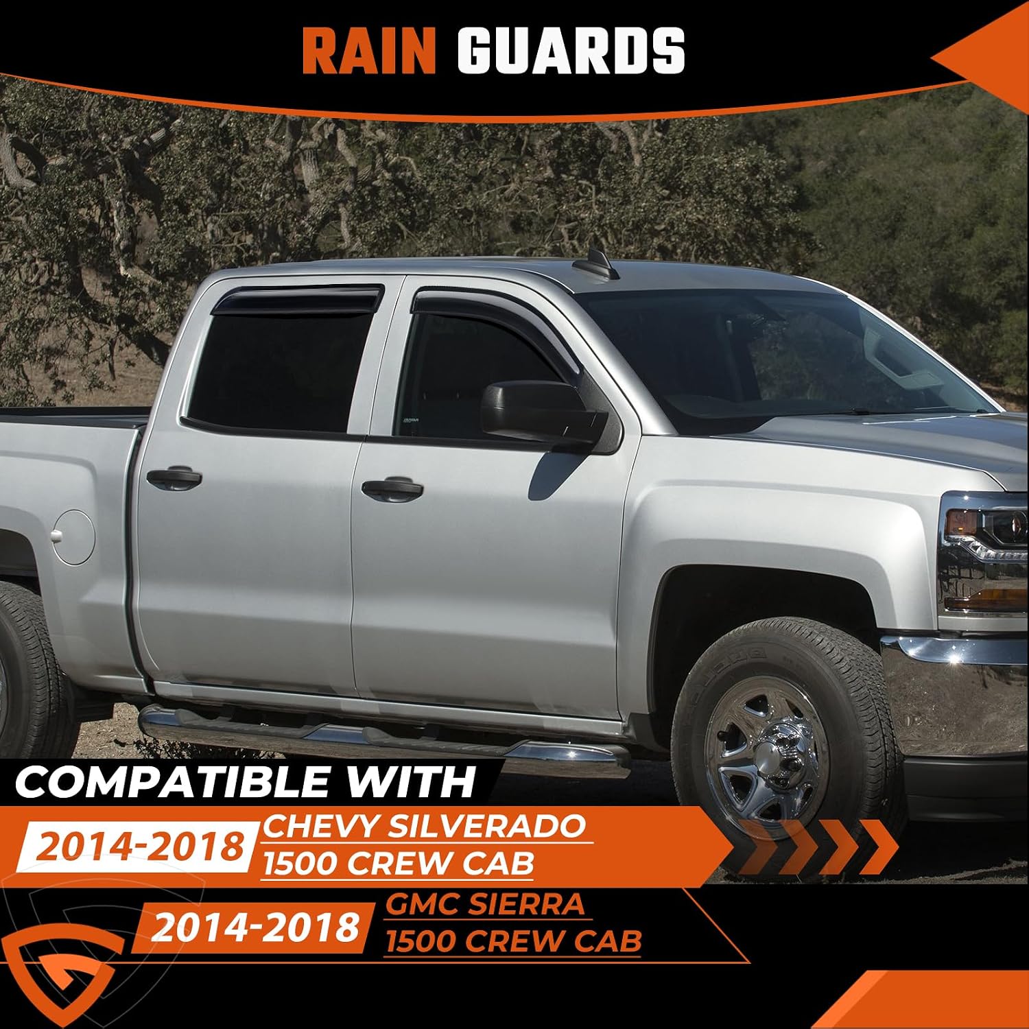 Detalle de GEARMEISTER Rain Guards for Chevy Silverado / GMC Sierra 1500 Crew Cab (2014–2018) - Tape-On Window Deflectors