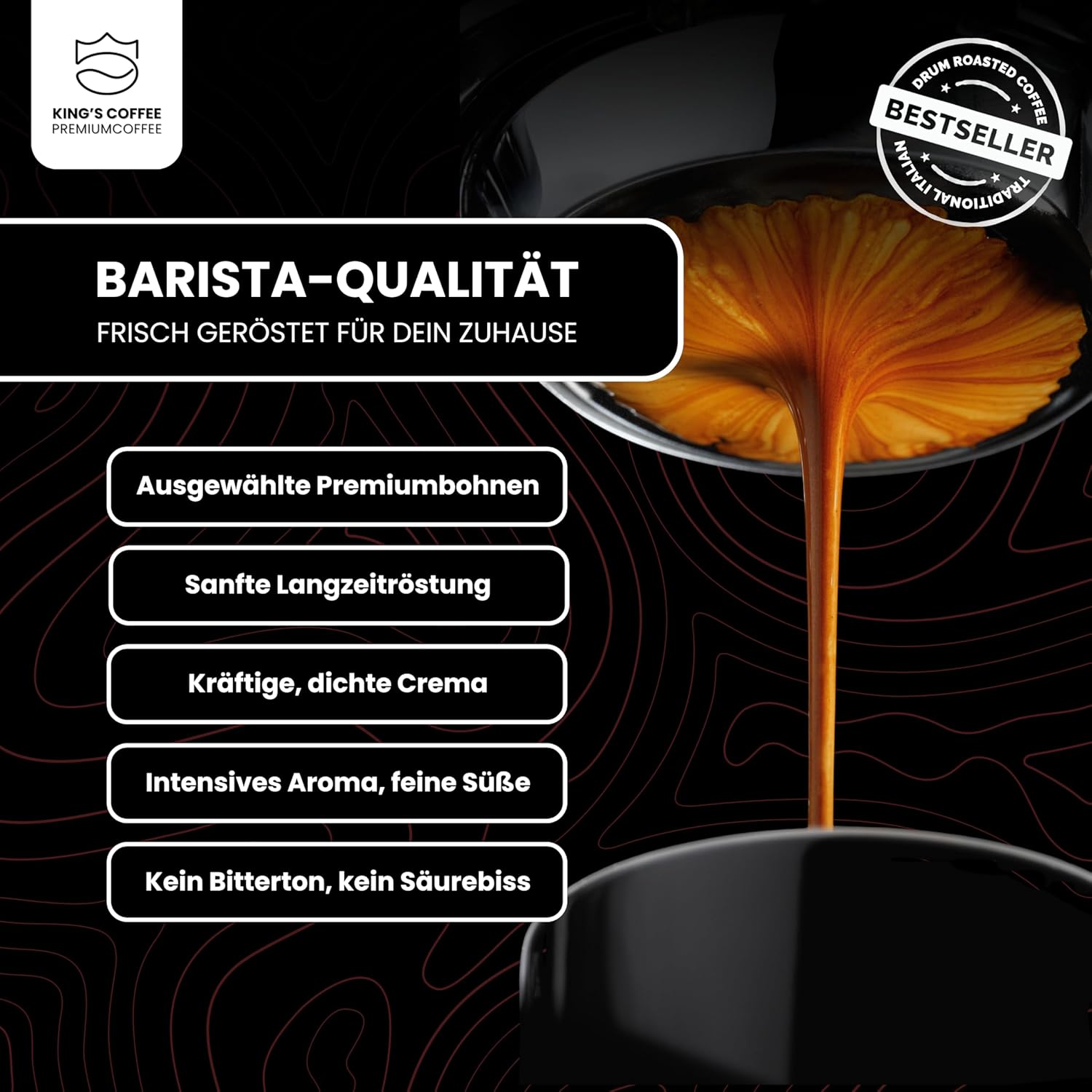 Detalle de KING'S COFFEE BLACK EDITION – 1 kg Ganze Kaffeebohnen, kräftiger Arabica Espresso Blend