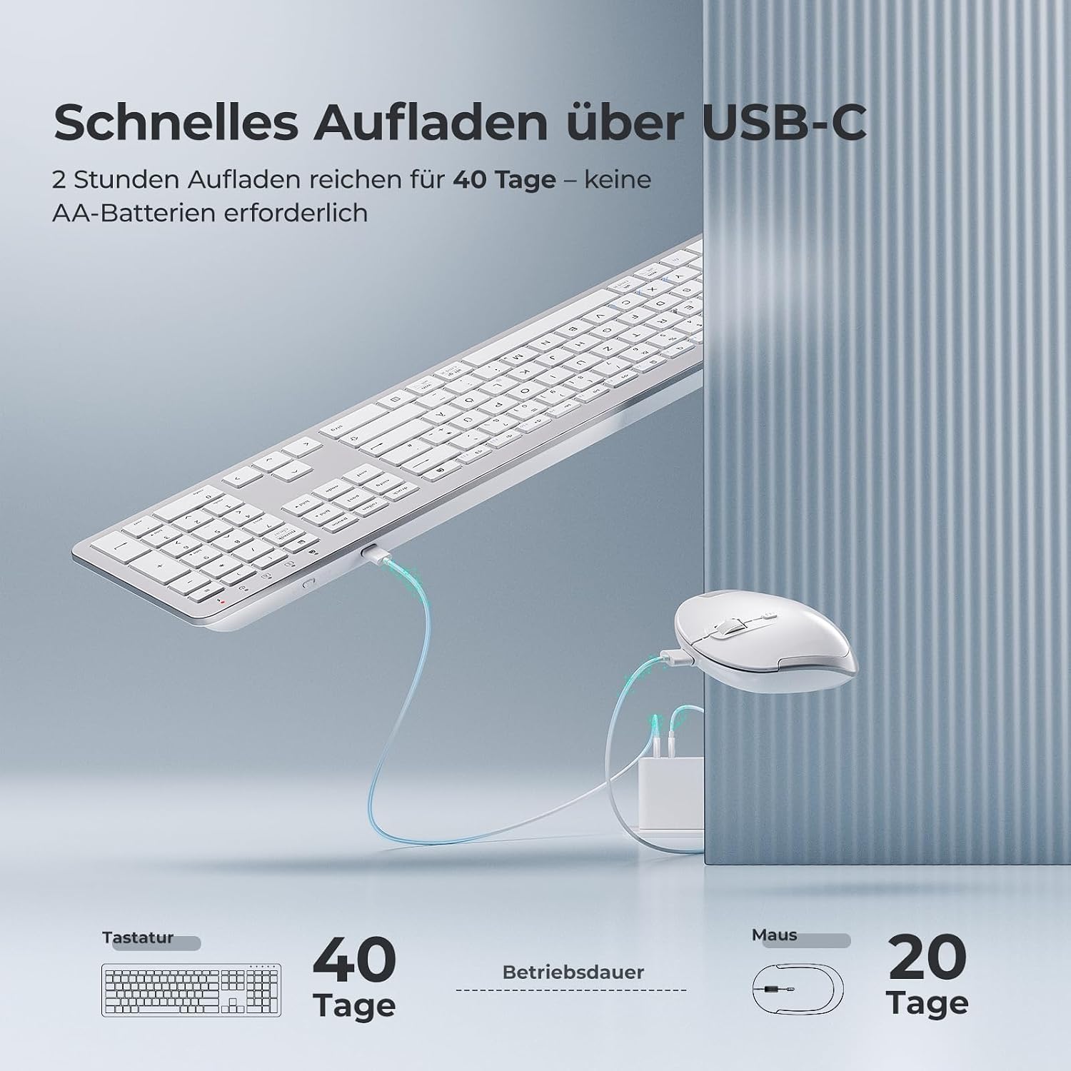 Thumbnail 1 de iClever Tastatur-Maus-Set kabellos (wiederaufladbar) mit 2,4-GHz-Funk für PC/Laptop, Deutsch QWERTZ – Weiß