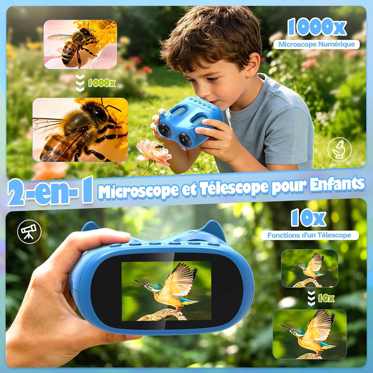 Detalle de ASPOVEN 2 en 1 : Microscope et Télescope Numérique pour Enfant – Écran HD 2 pouces, 1000x / 1000 m (Bleu)