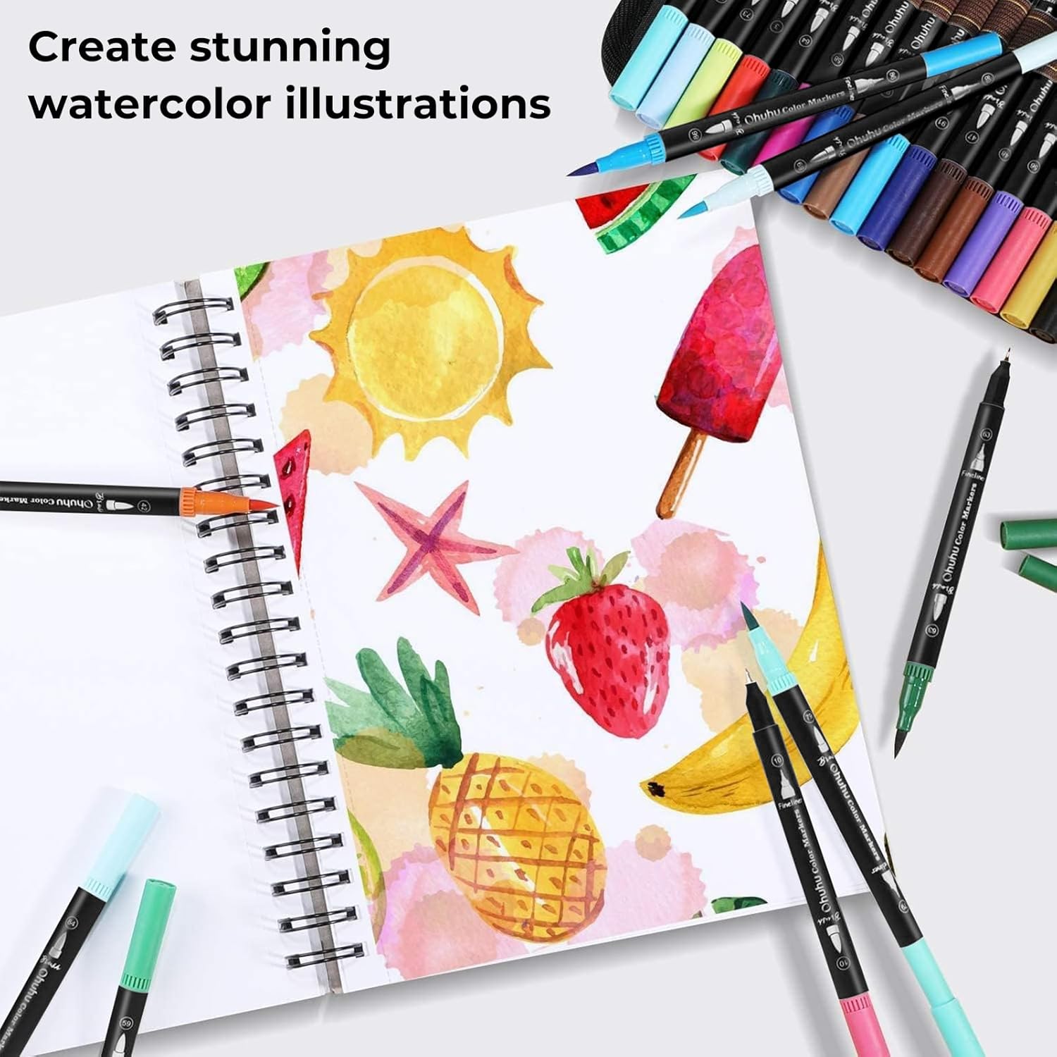 Thumbnail 4 de Ohuhu Feutres coloriage adulte aquarelle double pointe Maui, 100 couleurs (boîte noire)