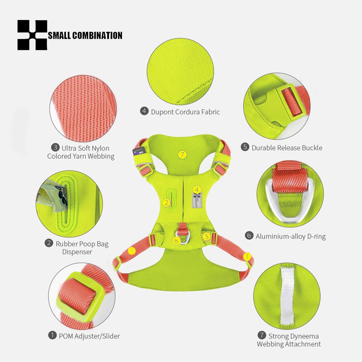 Detalle de Small Combination Dog Harness with Pocket - Adjustable, Turquoise (Lemon Yellow) – S