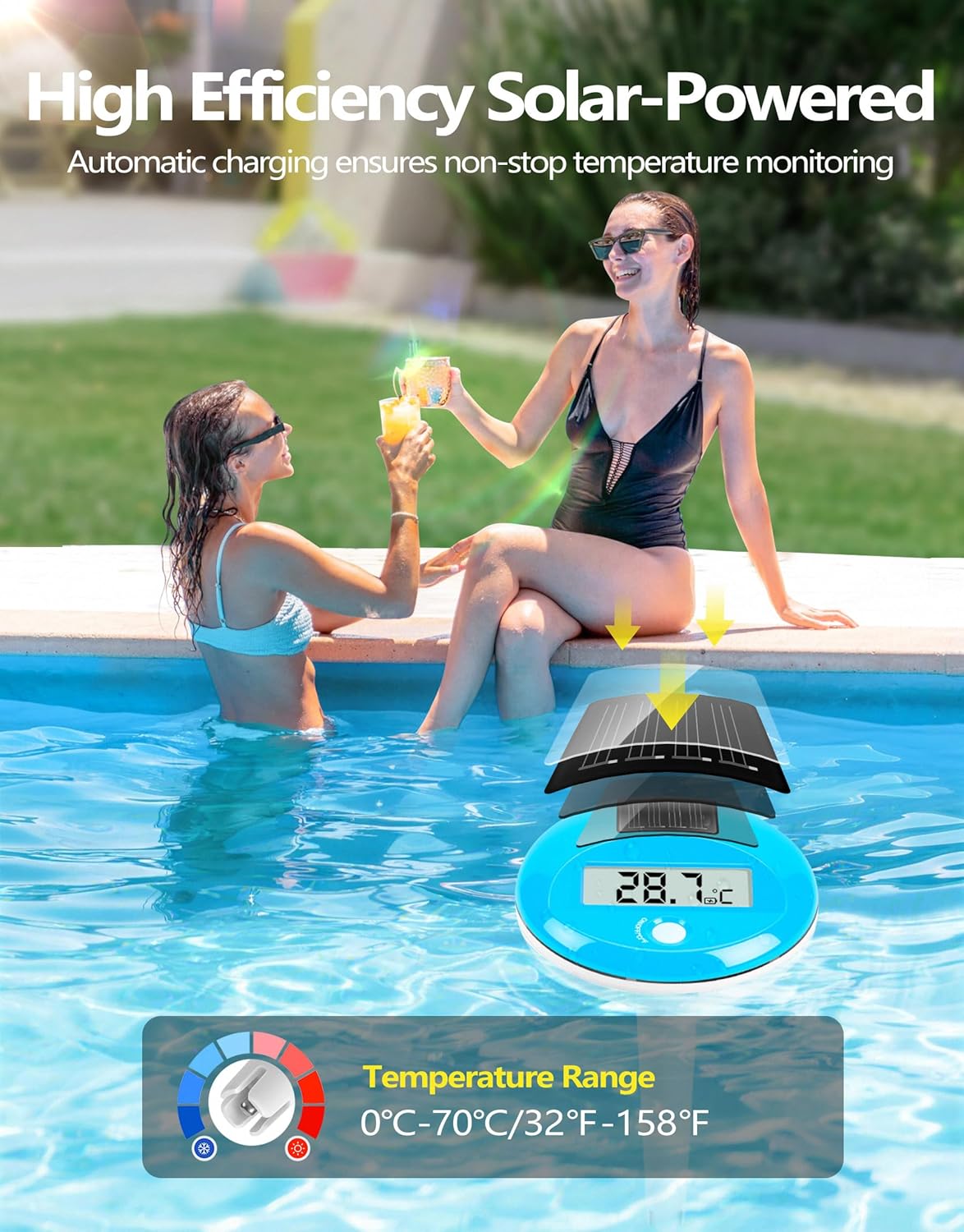 Detalle de PoolLeader Thermomètre Piscine Flottant avec Écran LCD – Charge Solaire et Étanchéité IP68