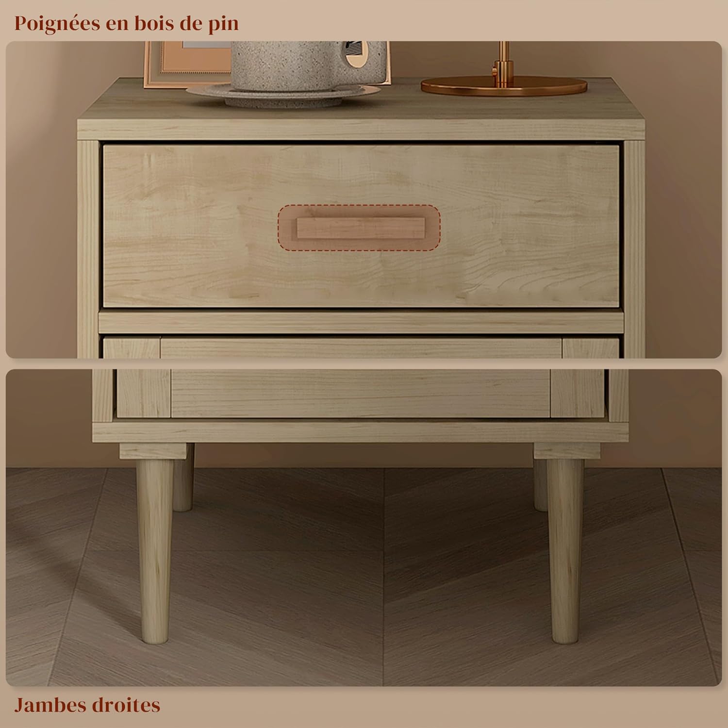 Thumbnail 6 de HOMCOM Table de chevet bohème naturelle avec placard, étagère réglable et tiroir – 40 x 40 x 68,5 cm