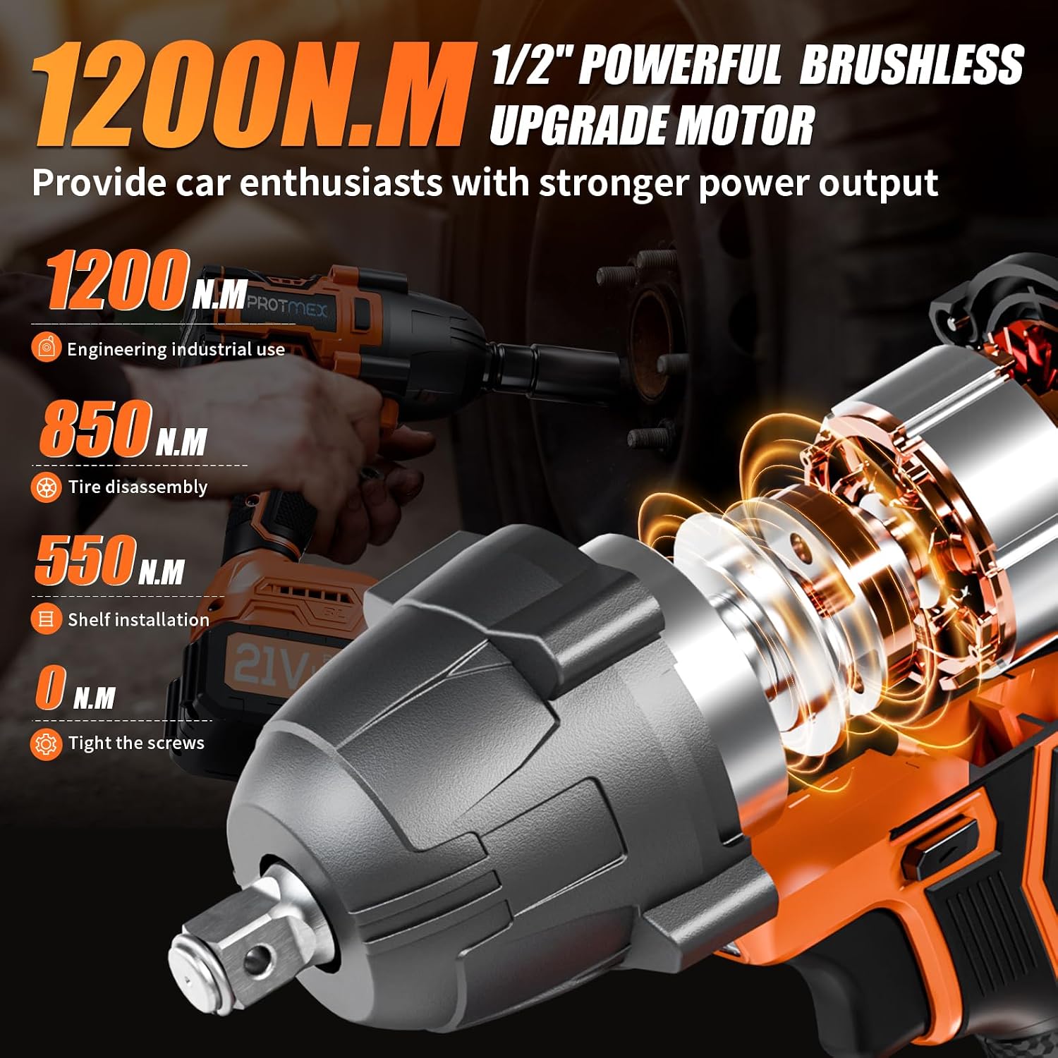 Thumbnail 1 de Cordless Impact Wrench, 900Ft-lbs (1200N.m) 1/2" Brushless, 21V High Torque Power Impact Gun with Two 4.0Ah Batteries