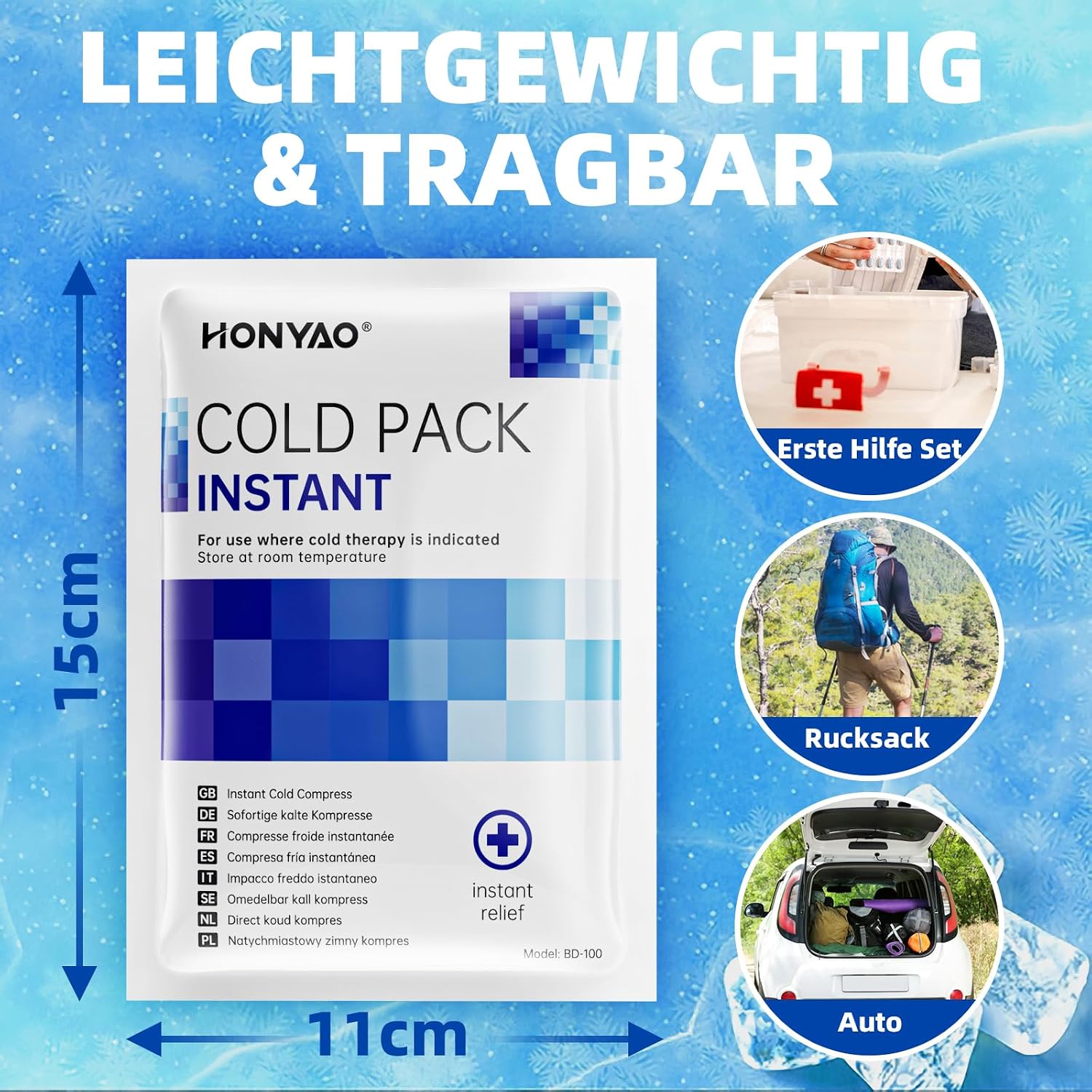 Detalle de HONYAO Sofort-Kälte-Kompresse – 9 Stück Einmal-Kühlpads für Sport, Erste Hilfe und Reisen