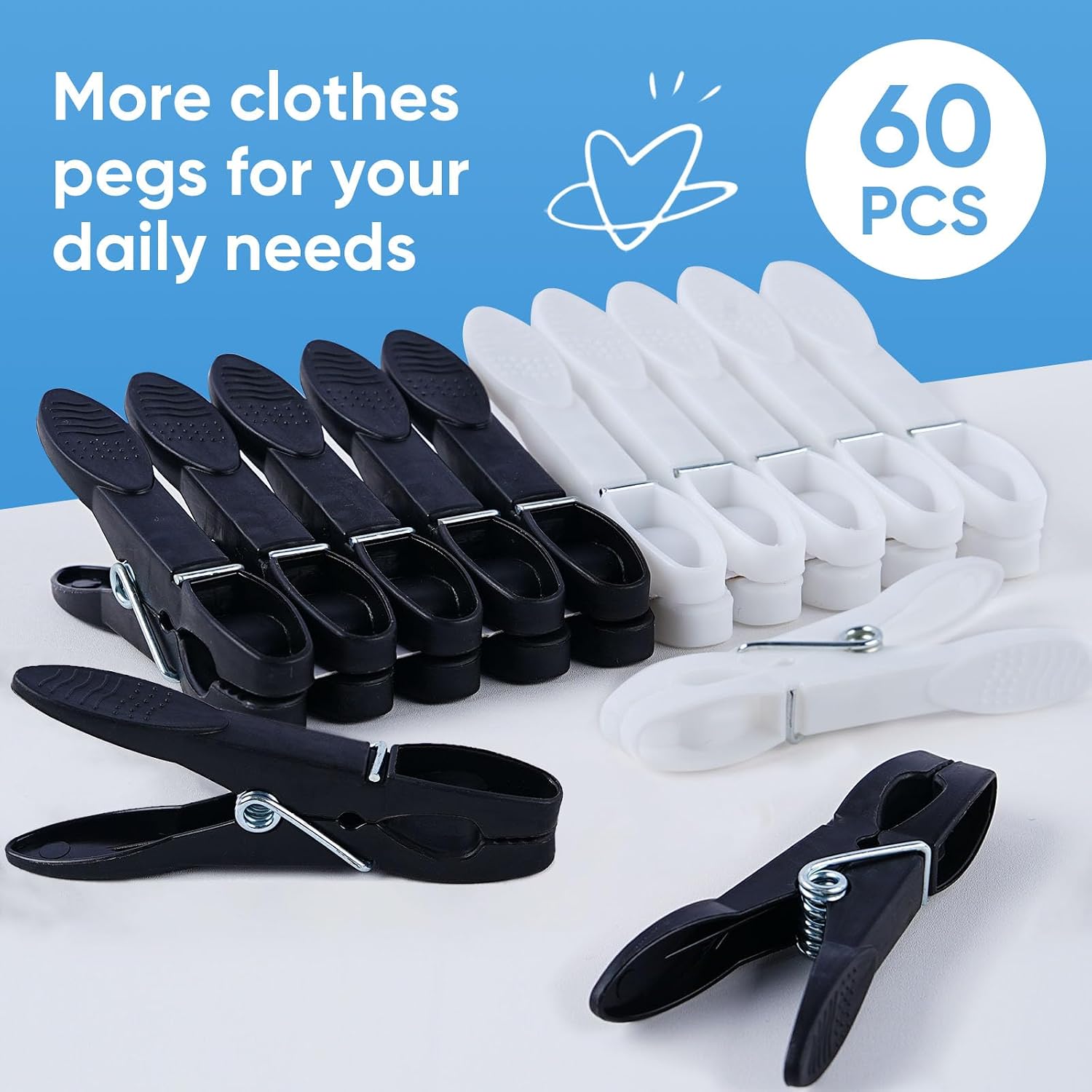 Thumbnail 1 de 60 PCS Clothes Pegs for Washing Line with Bag – Black & White Plastic Laundry Clips with Windproof Design