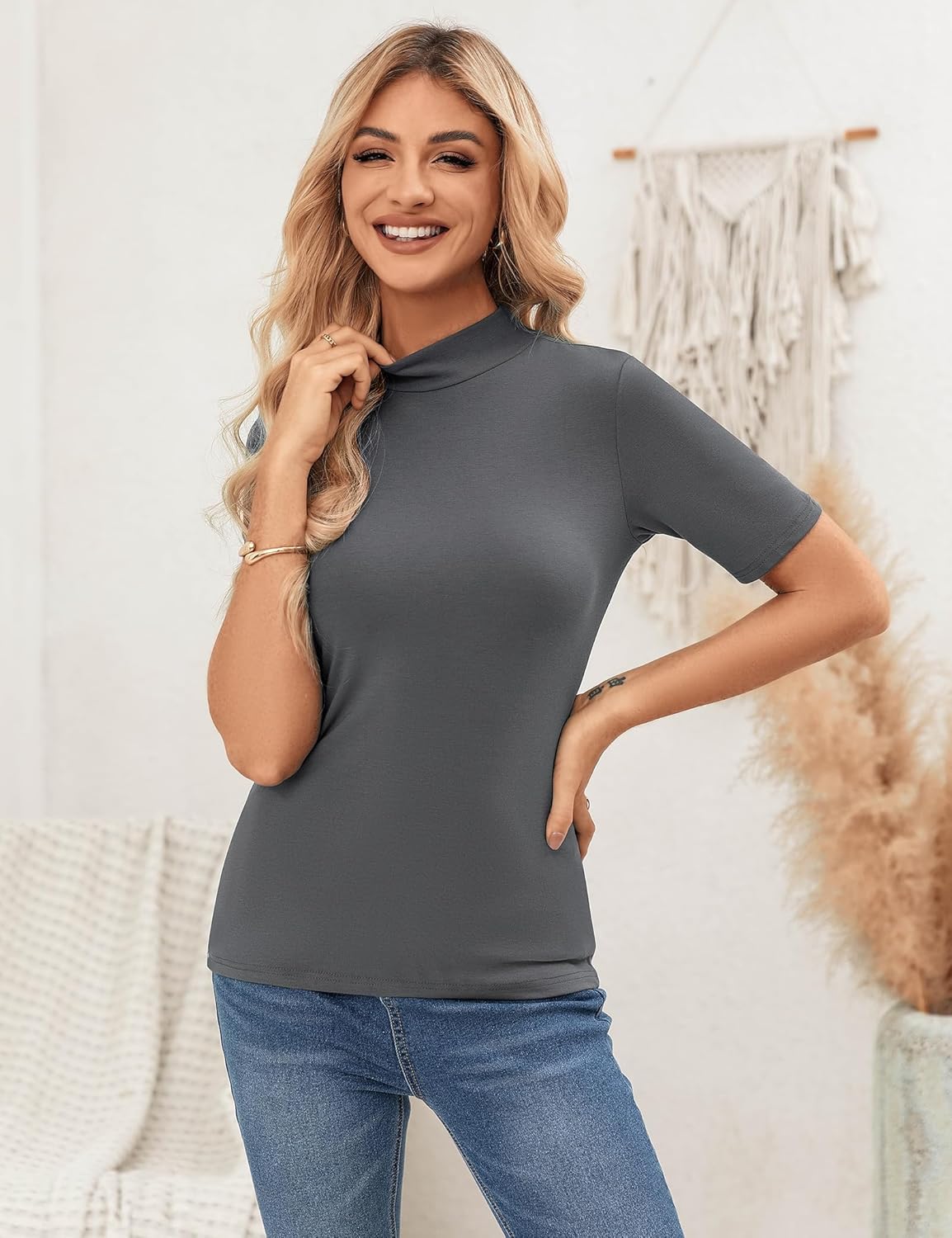 Thumbnail 3 de Totatuit Damen T-Shirt Stehkragen Kurzarm Top
