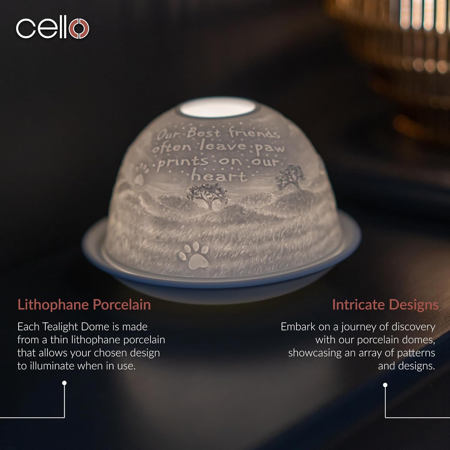 Thumbnail 1 de Cello Porcelain Tealight Holder Dome with Pawprint 3D Projection & Message Lithophane (Dog Lovers Gift)