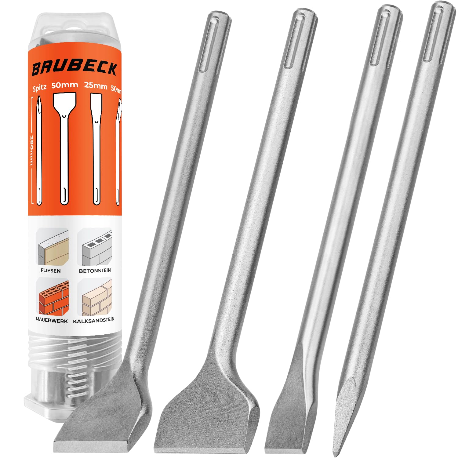 BAUBECK SDS Max Meißel-Set LONG LIFE (4-tlg.) – 280 mm, angewinkelt und gerade