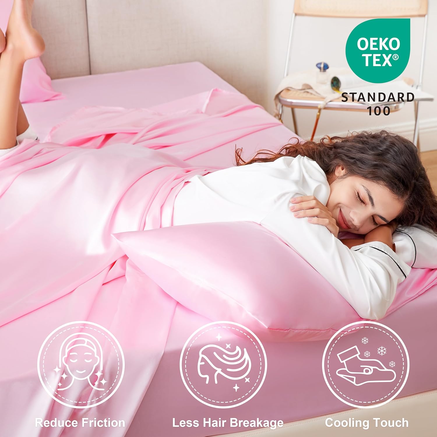 Thumbnail 3 de Love's cabin Satin Twin Sheets Set — 4 Piece Pink Silk-Feel Twin Bedding