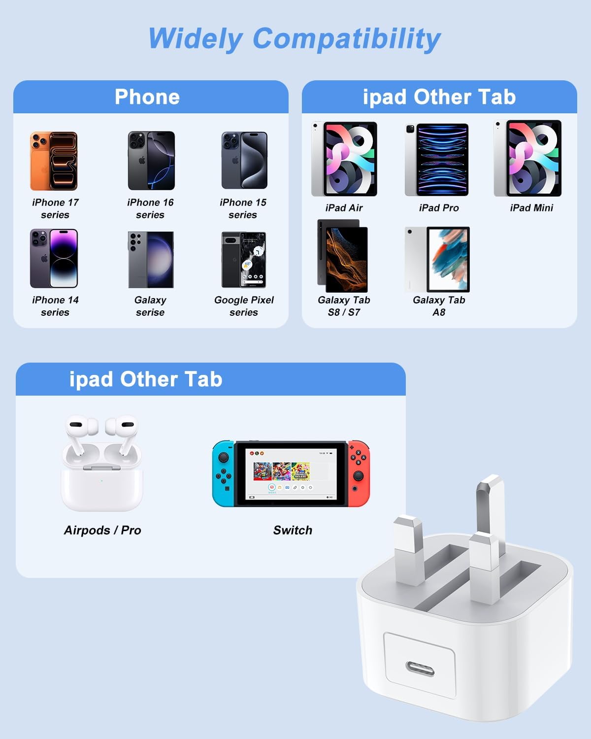 Thumbnail 6 de 2-Pack 20W USB-C Plug Fast Charge (MFI Certified) UK Adapter for iPhone, iPad & AirPods Pro