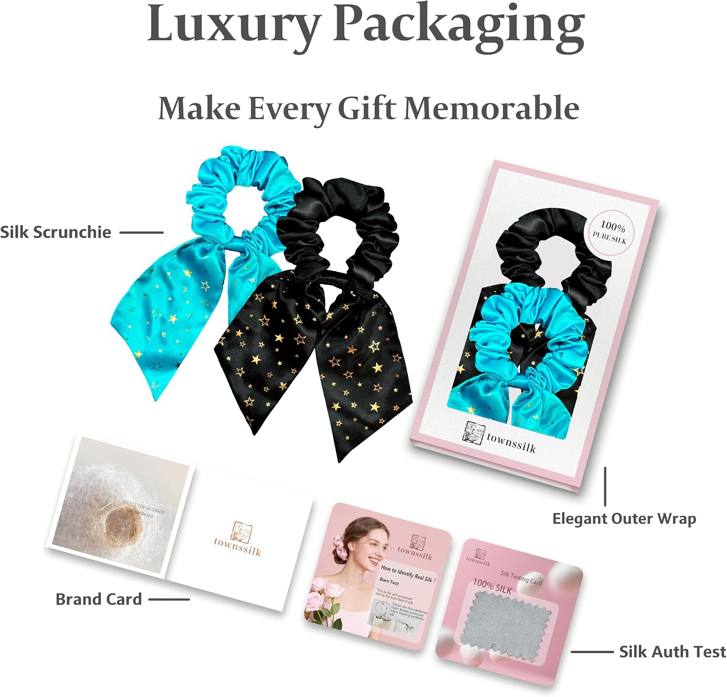 Thumbnail 3 de townssilk Silk Scrunchie Set of 2 with Bow, 100% Mulberry Silk, Black + Blue